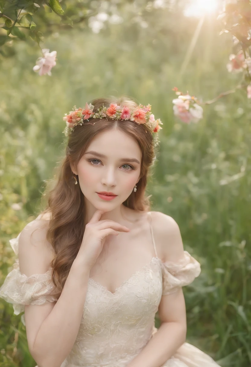 (Delicate watercolor style)The wonderland of elf princesses，Charming and colorful environment，Colorful flowers，Green grass，Soft sunlight shines on her slender figure，Dressed in a gorgeous dress，Complemented by brilliant gemstone jewelry，She floats gracefully in the air，The eyes reveal wisdom and innocence。