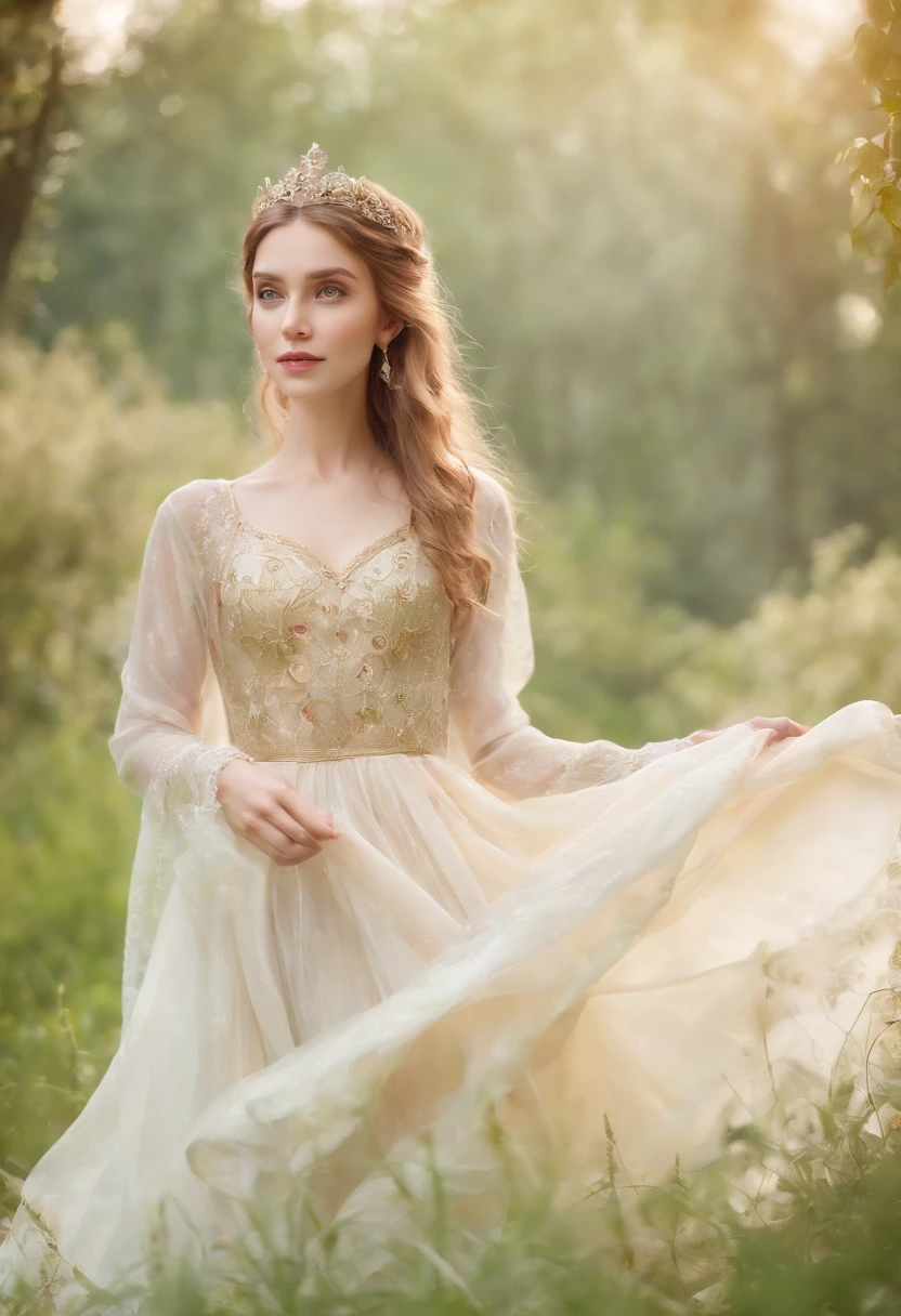 (Delicate watercolor style)The wonderland of elf princesses,Charming and colorful environment,Colorful flowers,Green grass,Soft sunlight shines on her slender figure,Dressed in a gorgeous dress,Complemented by brilliant gemstone jewelry,She floats gracefully in the air,The eyes reveal wisdom and innocence。