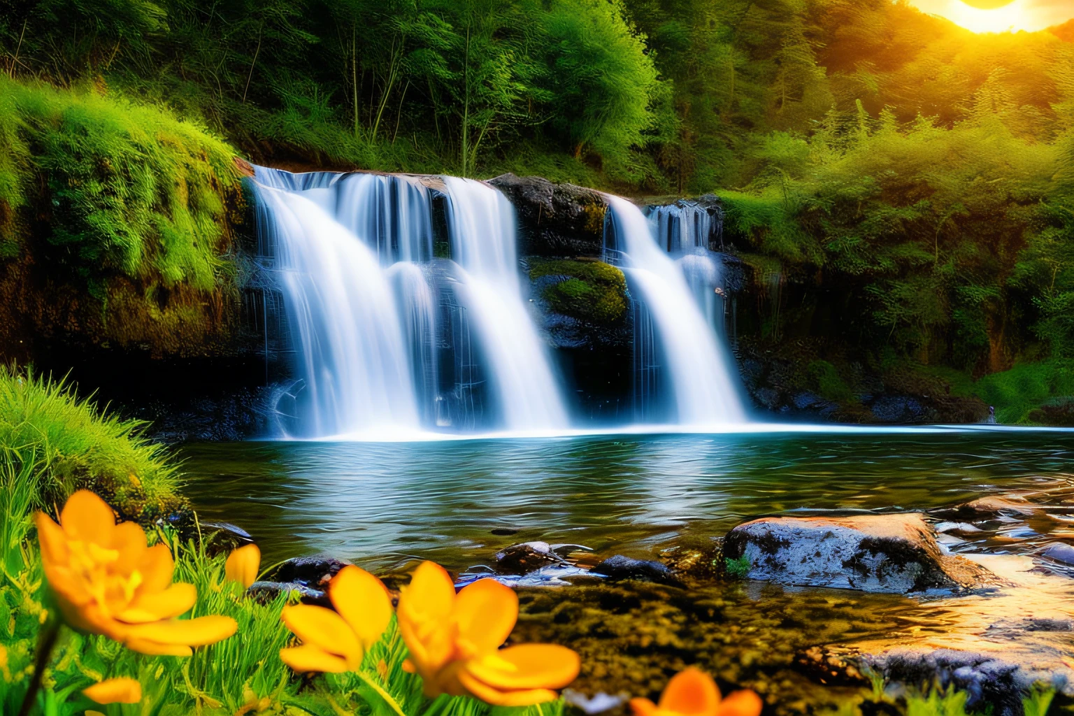 rocher, Very realistic waterfall, coucher du soleil, fleurs