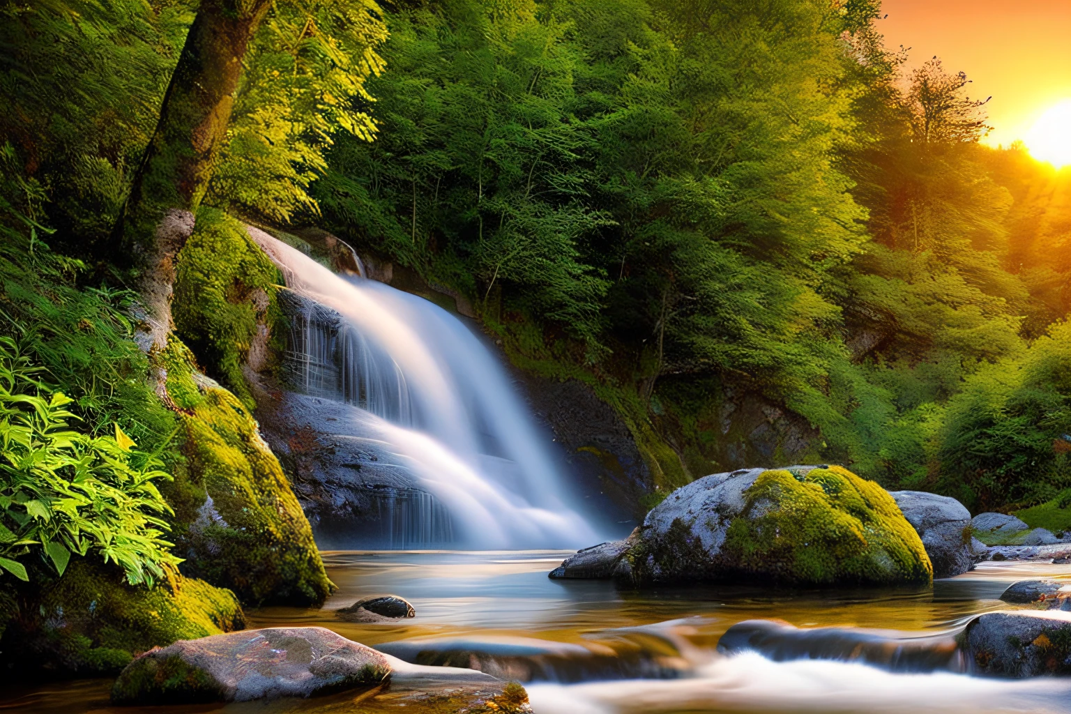 rocher, Very realistic waterfall, coucher du soleil, fleurs