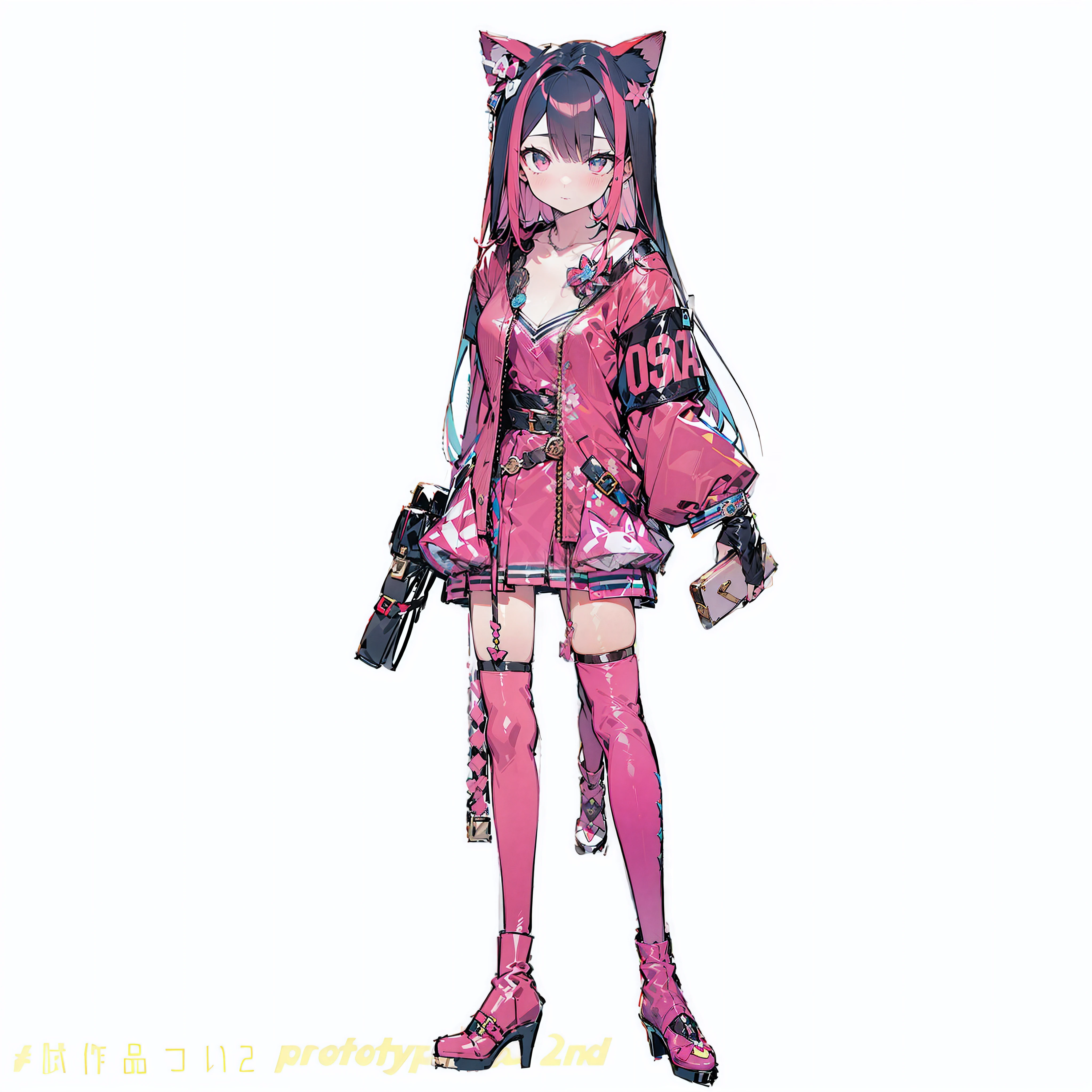 Cute girl with cat ears、Japan anime style、Moe、Full body painting、Standing Picture、Authentic and highly detailed body、小柄、girl with、childish、ers old、length hair、bangss、A pink-haired、Authentic and highly detailed face、beautiful eyes that are authentic and highly detailed,、 cat ear、Authentic and very delicate arms and hands、Authentic and highly detailed human hands(5 fingers)、The most beautiful girl in the world、Delicate and beautiful pink cat eyes、Authentic skin texture、komono、lolita、a miniskirt、Authentic and highly detailed pink knee-high socks、Authentic and highly detailed long boots、An ultra-high picture quality