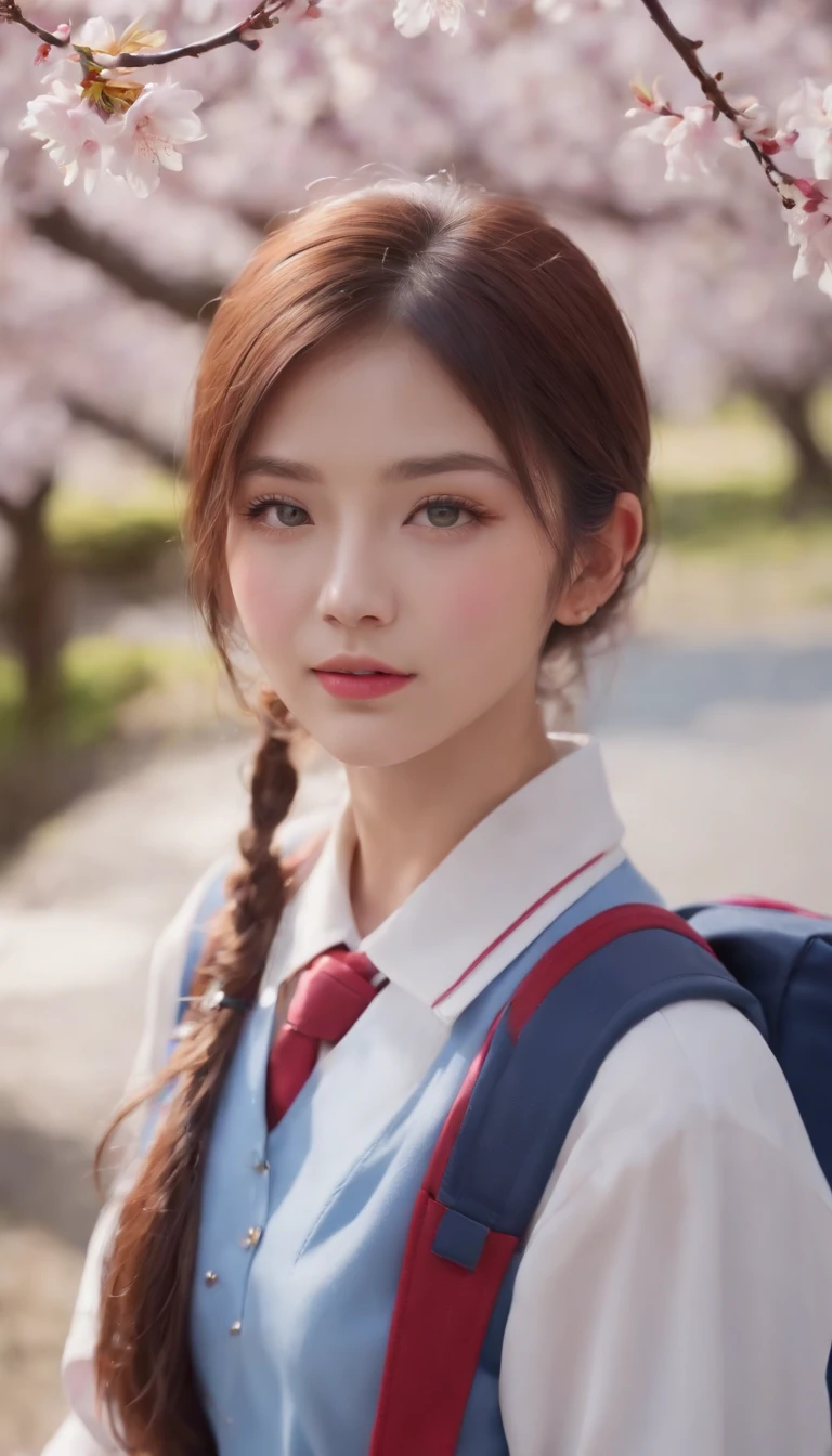 (Masterpiece, photo-realistic:1.4), (Close-up shot:1.3), (Japanese high school student:1.3), (Go home at sunset:1.3), (Blue and white school uniform:1.4), (undercut hairstyle:1.3), (Bright two-color eyes:1.4), (Backpack on the shoulder:1.2), (Walk through the park where cherry blossoms bloom:1.2), (Charming and innocent gaze:1.3), (Peaceful warm sunset lights:1.2), (Captured uniform details:1.3), (Cherry blossom petals rustling in the breeze:1.2), (A subtle blush on the cheeks:1.2), (youthful charm:1.2), (Beautifully styled hair:1.3), (Expressive eyes，Shine with excitement:1.2), (Peaceful and charming atmosphere:1.2), (Perfectly captures emotion and detail:1.2), Cinematic, Hyper-detailed, insanely details, beautifully color-graded, illusory engine, degrees of freedom, Hyper-Resolution, megapixel, Cinematic lightning, Anti-aliasing, FKAA, TXAA, RTX, SSAO, post-proces, postproduction, Tone-mapping, .CGI, vfx, SFX, insanely detailed and intricate, hyper-maximalist, Ultra photo realsisim, volumetr, Photorealistic, The ultra-realistice, Ultra-detailed, Intricate details, 8K, Super detailed, Full color, Volumetric lightning, hdr, Realistic, illusory engine, 16k, Sharp focus, Octane render --v testp