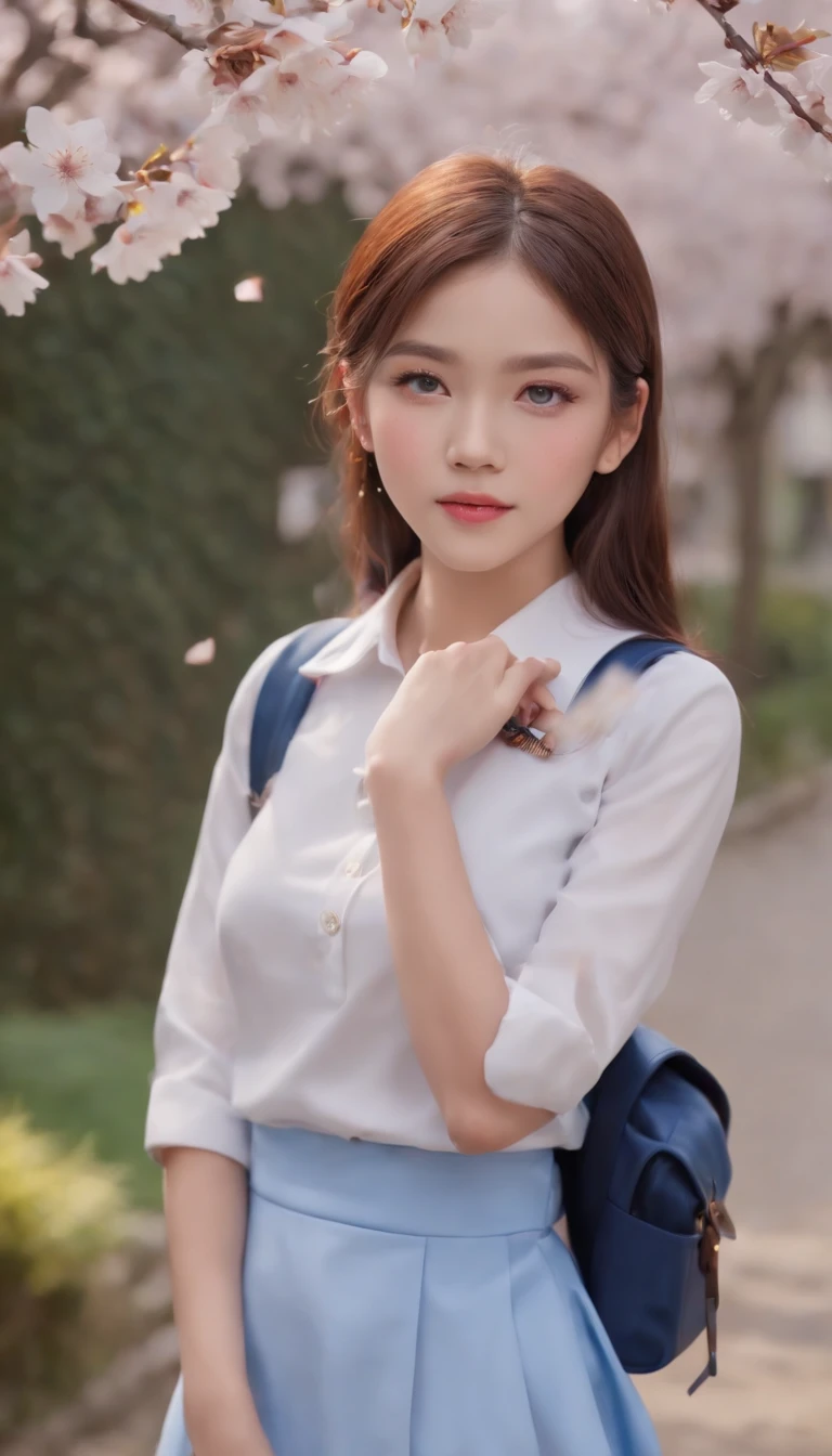 (Masterpiece, photo-realistic:1.4), (Close-up shot:1.3), (Japanese high school student:1.3), (Go home at sunset:1.3), (Blue and white school uniform:1.4), (undercut hairstyle:1.3), (Bright two-color eyes:1.4), (Backpack on the shoulder:1.2), (Walk through the park where cherry blossoms bloom:1.2), (Charming and innocent gaze:1.3), (Peaceful warm sunset lights:1.2), (Captured uniform details:1.3), (Cherry blossom petals rustling in the breeze:1.2), (A subtle blush on the cheeks:1.2), (youthful charm:1.2), (Beautifully styled hair:1.3), (Expressive eyes,Shine with excitement:1.2), (Peaceful and charming atmosphere:1.2), (Perfectly captures emotion and detail:1.2), Cinematic, Hyper-detailed, insanely details, beautifully color-graded, illusory engine, degrees of freedom, Hyper-Resolution, megapixel, Cinematic lightning, Anti-aliasing, FKAA, TXAA, RTX, SSAO, post-proces, postproduction, Tone-mapping, .CGI, vfx, SFX, insanely detailed and intricate, hyper-maximalist, Ultra photo realsisim, volumetr, Photorealistic, The ultra-realistice, Ultra-detailed, Intricate details, 8K, Super detailed, Full color, Volumetric lightning, hdr, Realistic, illusory engine, 16k, Sharp focus, Octane render --v testp