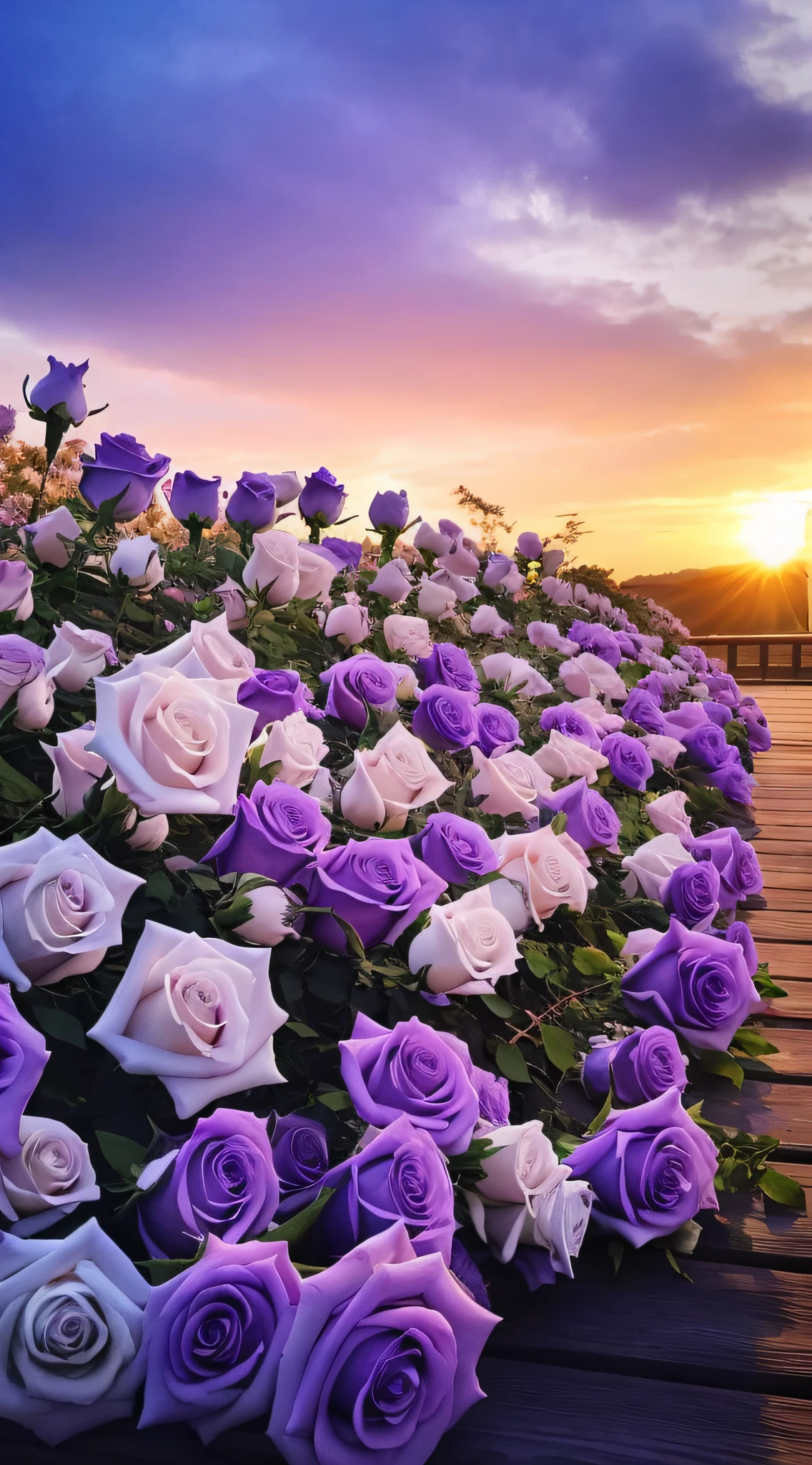 Purple and white roses grow on wooden benches at sunset, Beautiful flowers, floral sunset, Incredibly beautiful, beatiful background, Beautiful nature, much wow，It's so beautiful, Magical flowers, beautiful flowers growing, warm beautiful scene, Beautiful scenery, Blooming flowers, Really beautiful nature, big breasts beautiful, Glowing flowers, magical colorful flowers, rosette, Lilac sunlight, Beautiful image