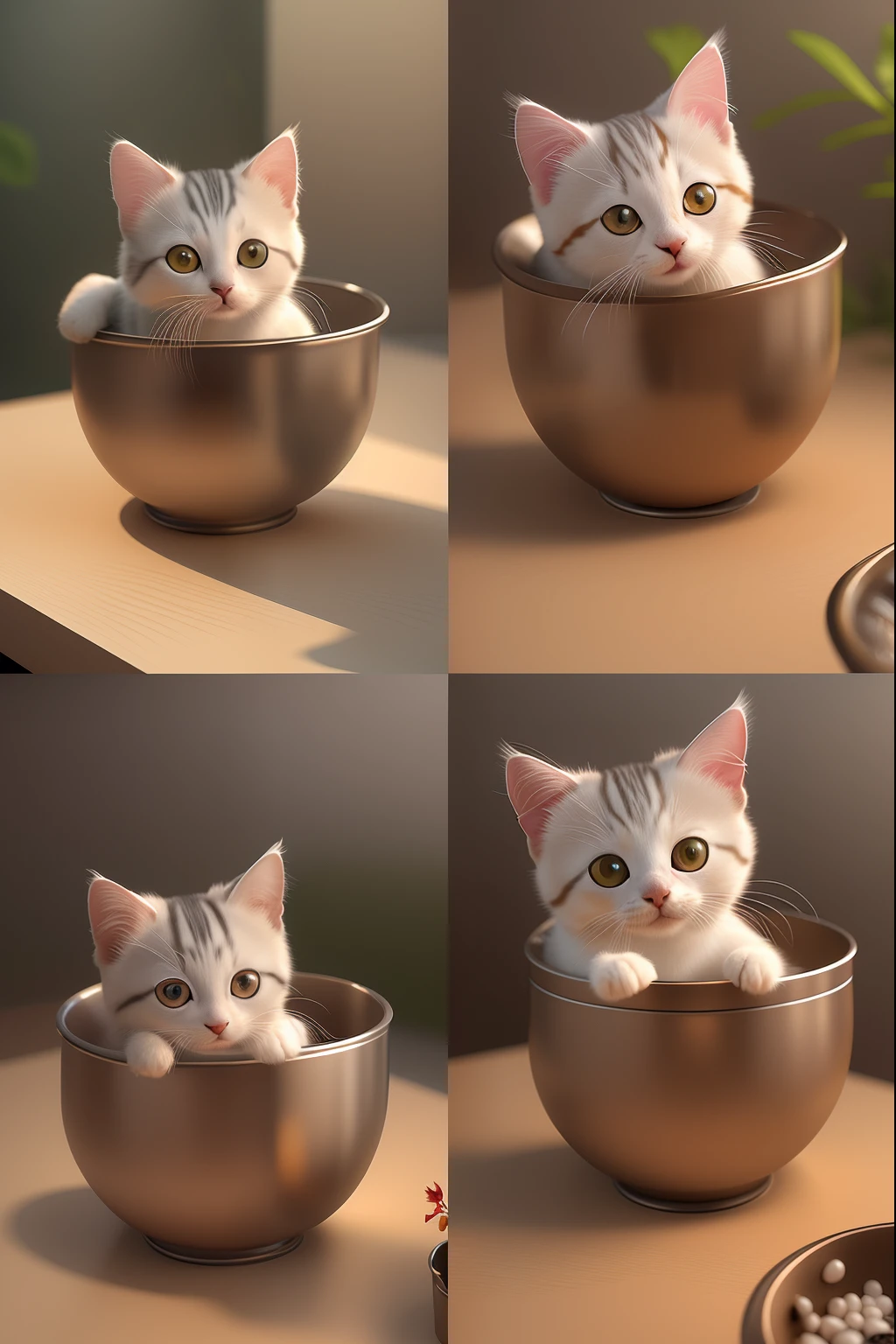 There are 4 photos of a small white cat in a bowl on the palm of your hand, Adorable Digital Painting, hyperrealistic illustrations, Photorealistic Illustration, hyperrealistic illustrations, hyperrealistic illustrations, cute 3d render, Photorealistic CGI, realistic illustration, cute detailed digital art, photorealistic picture, imagem hiperrealista, Cute digital art, photorrealistic concept art, ultra realistic 3d illustration