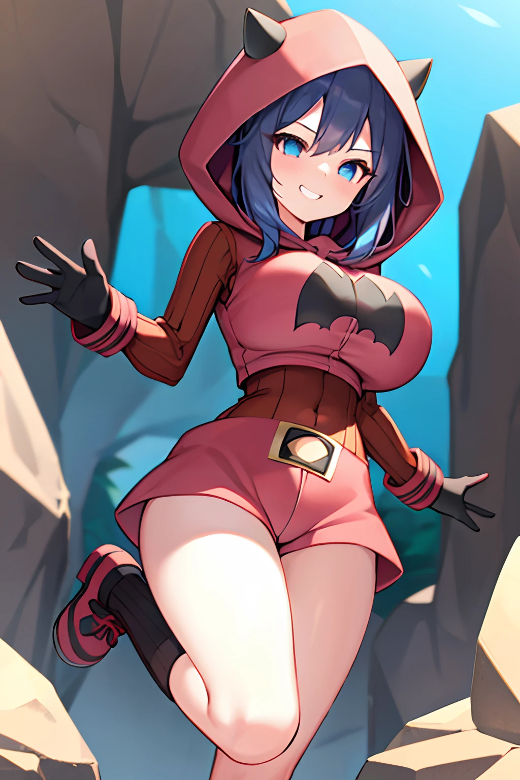 (1girl in:1.2), (Solo:1.2) 、nffsw、Shaders、Brilliant Textured Work、Ultra-detailed eyes、ultra-intricate pupil in eyes、top-quality、Full body standing picture、pkmntmg 、(fake horns, hoodie, red shorts, gloves, red boots)、Pink hair、large full breasts、shorth hair、long bangs、large, round eyes、mesugaki、cheeky grin、sadistic smile、(half-closed eyes)、skinny legs、caves、stylish pose、Emphasis on the chest、tits out、Navel、