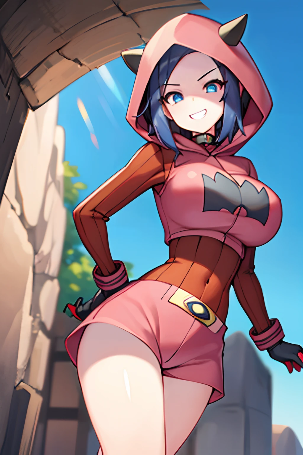 (1girl in:1.2), (Solo:1.2) 、nffsw、Shaders、Brilliant Textured Work、Ultra-detailed eyes、ultra-intricate pupil in eyes、top-quality、Full body standing picture、pkmntmg 、(fake horns, hoodie, red shorts, gloves, red boots)、Pink hair、large full breasts、shorth hair、long bangs、large, round eyes、mesugaki、cheeky grin、sadistic smile、(half-closed eyes)、skinny legs、caves、stylish pose、Emphasis on the chest、tits out、Navel、