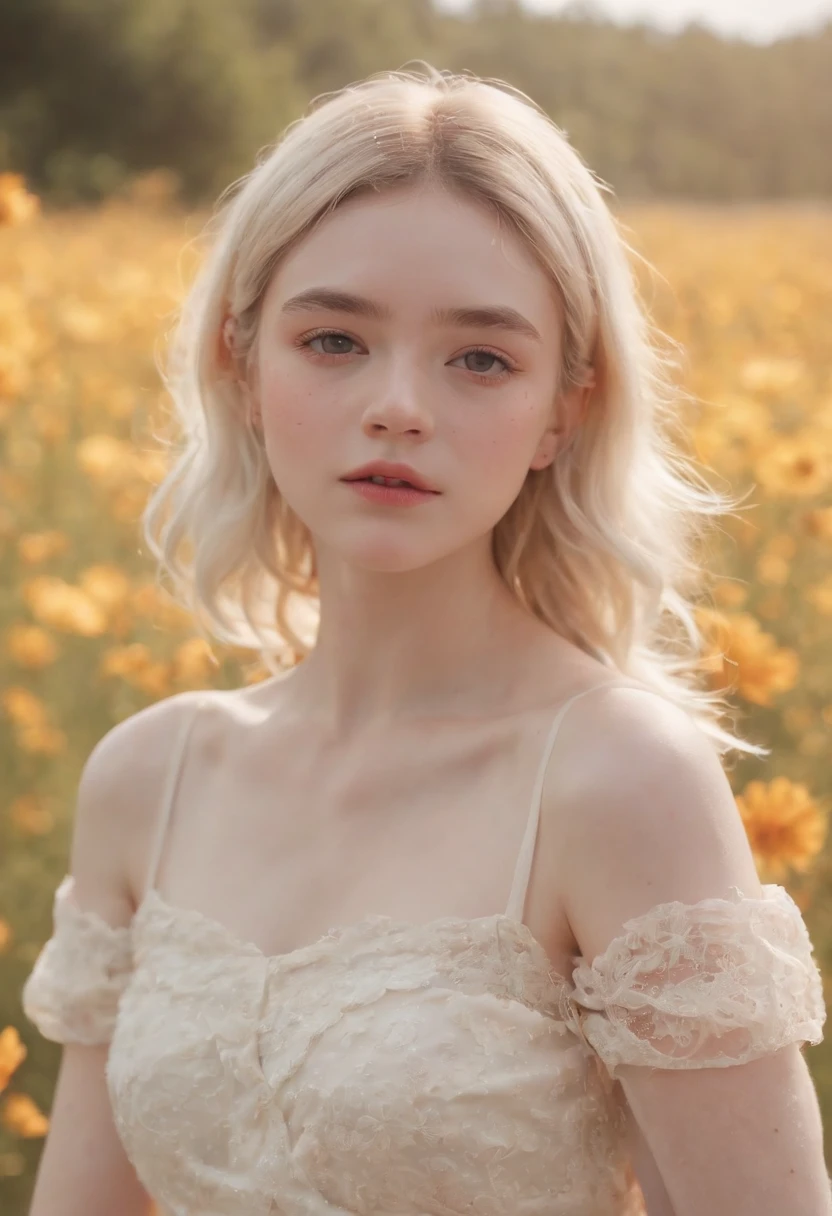 Very short hairstyle、 fat girl、Cosmos Field、(((Cosmos blooms profusely)))、(((cosmos)))、Autumn sunshine pouring down from behind、The atmosphere of Elle Fanning、tiarra、cotton dress、(((thighs thighs thighs thighs)))、bare-legged、white hair、Curly、angry looking face、12-yeaoldl、shohaired、soft sunlight、(((birdseye view)))、Sauce order、up of face、Kamimei、(((hitornfreckles)))