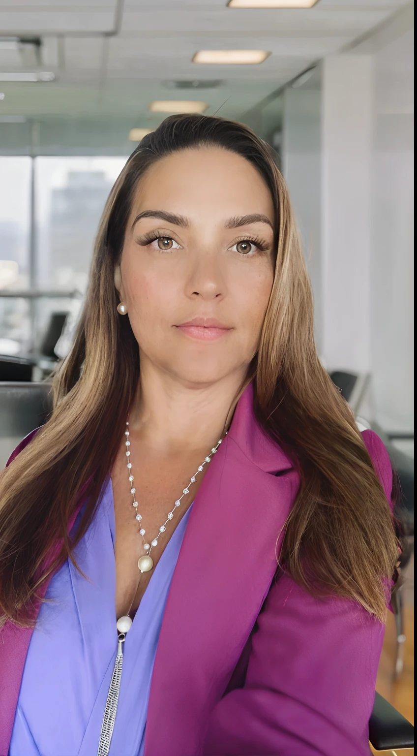 A real-life photo of a powerful and confident businesswoman in a tailored suit with broken buttons. She is sitting in a leather chair in an elegant and sophisticated corporate setting.