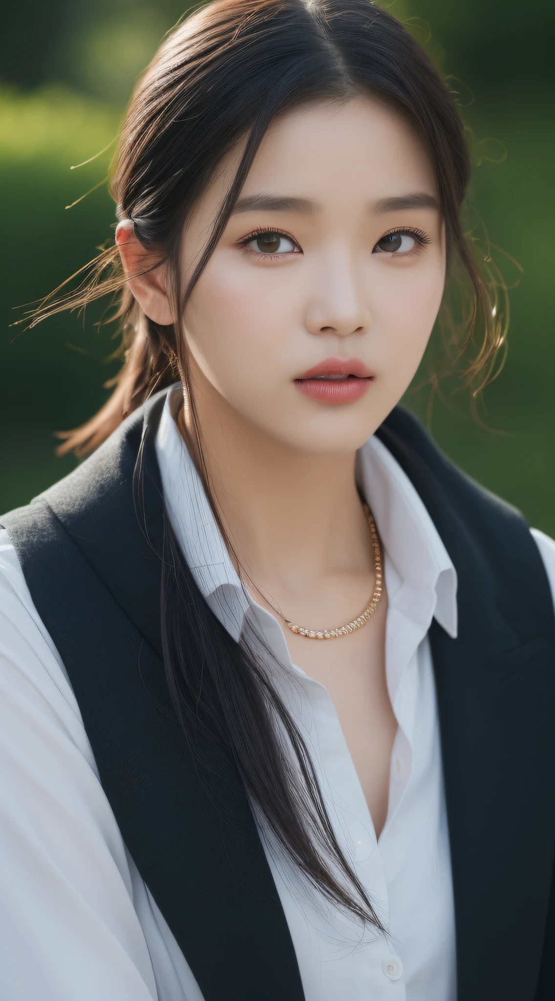 (8K、Raw photography、top-quality、masterpiece:1.2)、(realisitic、Photorealsitic:1.37)、ultra-detailliert、超A high resolution、1人、see the beholder、beautifull detailed face、a close up of a woman wearing a black jacket and a necklace, a picture inspired by Kim Jeong-hui, tumblr, realism, lee ji - eun, lee ji-eun, kim doyoung, jinyoung shin, jaeyeon nam, park ji-min, heonhwa choe, iu lee ji-eun as a super villain, seseon yoon、Pay attention to your audience、