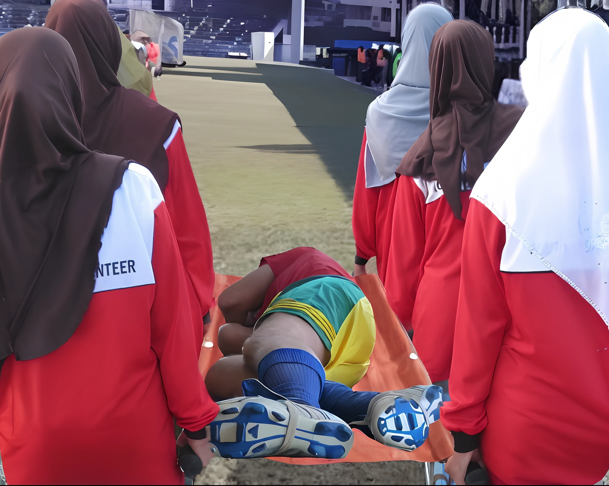 Four very worried looking Malaysian women carry a tarpaulin-hammock between them, Two male legs and two soccer shoes look forward out of the tarpaulin, four very worried looking Malaysian women carry a short-haired male footballer towards us with the help of a tarpaulin, in the tarpaulin lies an injured and unconscious male footballer with short hair and matt sports clothing, the matt t-shirt and the pain-distorted face of the injured athlete protrude over the upper part of the tarpaulin, Four very worried looking Malaysian women transporting an injured male footballer in a tarpaulin, Four very worried looking Malaysian women with shiny hijabs are standing in a filled football stadium, Four very worried looking Malaysian women have an extremely disturbed and shocked facial expression, Four very worried looking hijabi Malaysian women are holding a shiny orange tarp in the middle of them, Four very worried looking Malaysian women come along, The tarpaulin that they are carrying in the midle of them ran towards us, in the tarpaulin lies an injured and unconscious male footballer with short hair and matt sports clothing, the matte t-shirt and the pain-distorted face of the injured athlete protrude over the upper part of the tarpaulin, Two male legs and two soccer shoes look forward out of the tarpaulin