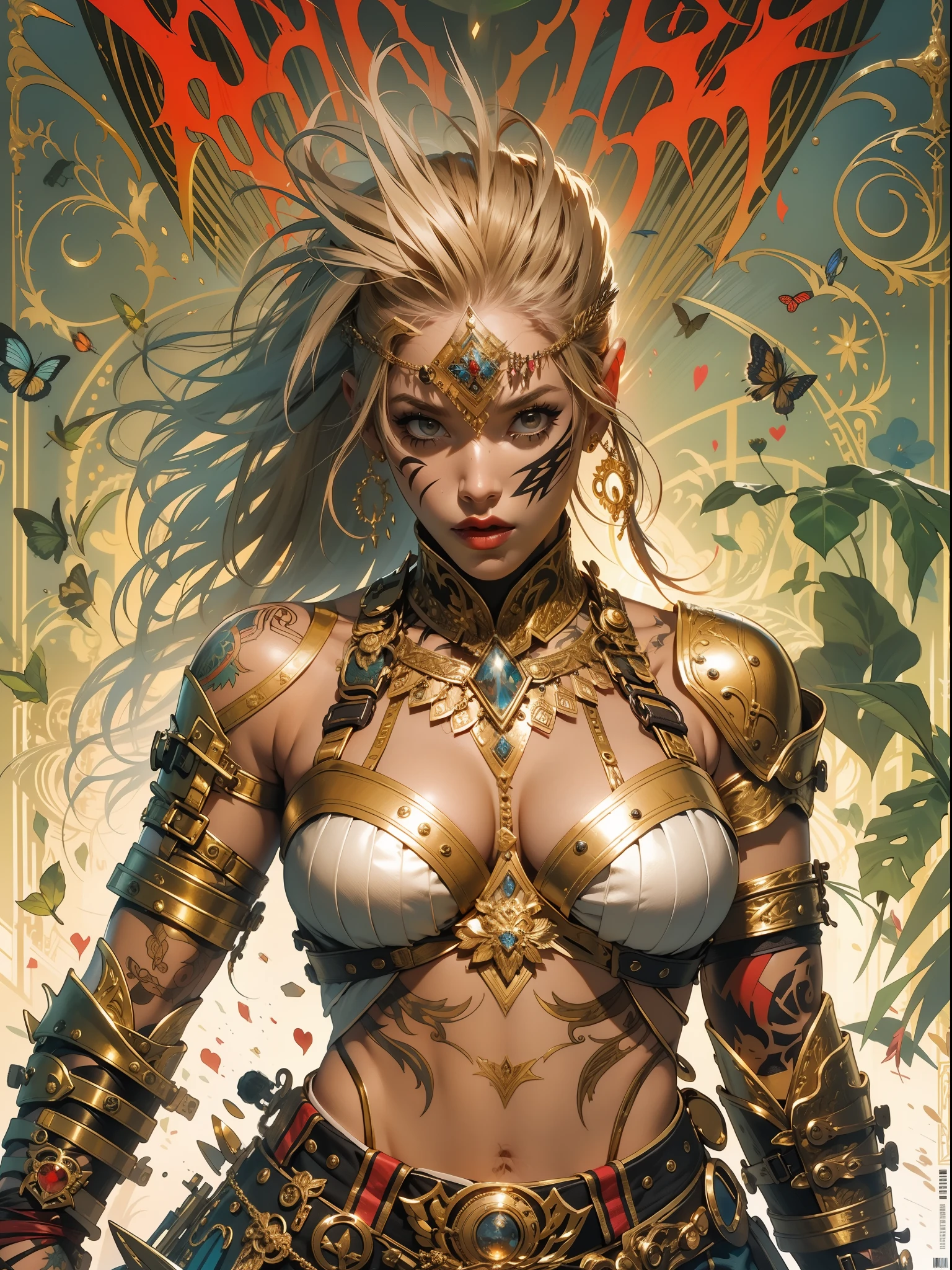 (((woman))), (((best qualityer))), (((tmasterpiece))), (((AS-Adult))), A 35-year-old female warrior with a perfect body, Brooklyn gladiolus, (( under breasts )), Simon Beasley, almost naked（Simon Bisley）Urban barbaric style for《heavy metal》MagazineCover, blond hairbl, Minimum clothing, em cor azul escuro，Lightning gold and red and gold motifs, armure, Full of tips and rivets, tribal tattoos, (((From the knee up))), (((whaite hair)))