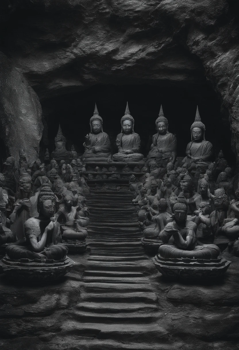 Buddha statues surrounded by other statues in a dark cave, a Buddhist Buddha, Buddhist, Buddha, samsara, Buddhism, black lotus, 4K Art, the god emperor of mankind, bodhisattva, black rock statue material, 4k artwork, nirvana, god of the underworld, author:Shen Zhou, puṣkaracūḍa,The road is covered with the ddead bodies of pilgrims