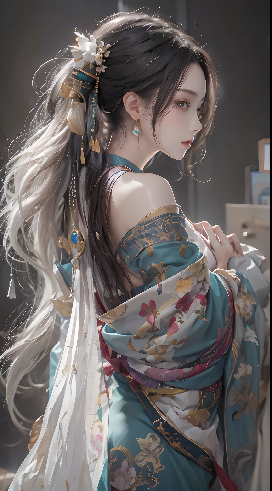 Photorealistic, high resolution, 1 woman, Hips up, Beautiful eyes, Long hair, ringed eyes, jewelry, tattoo, Hanfu, Chinese fairy, Back view