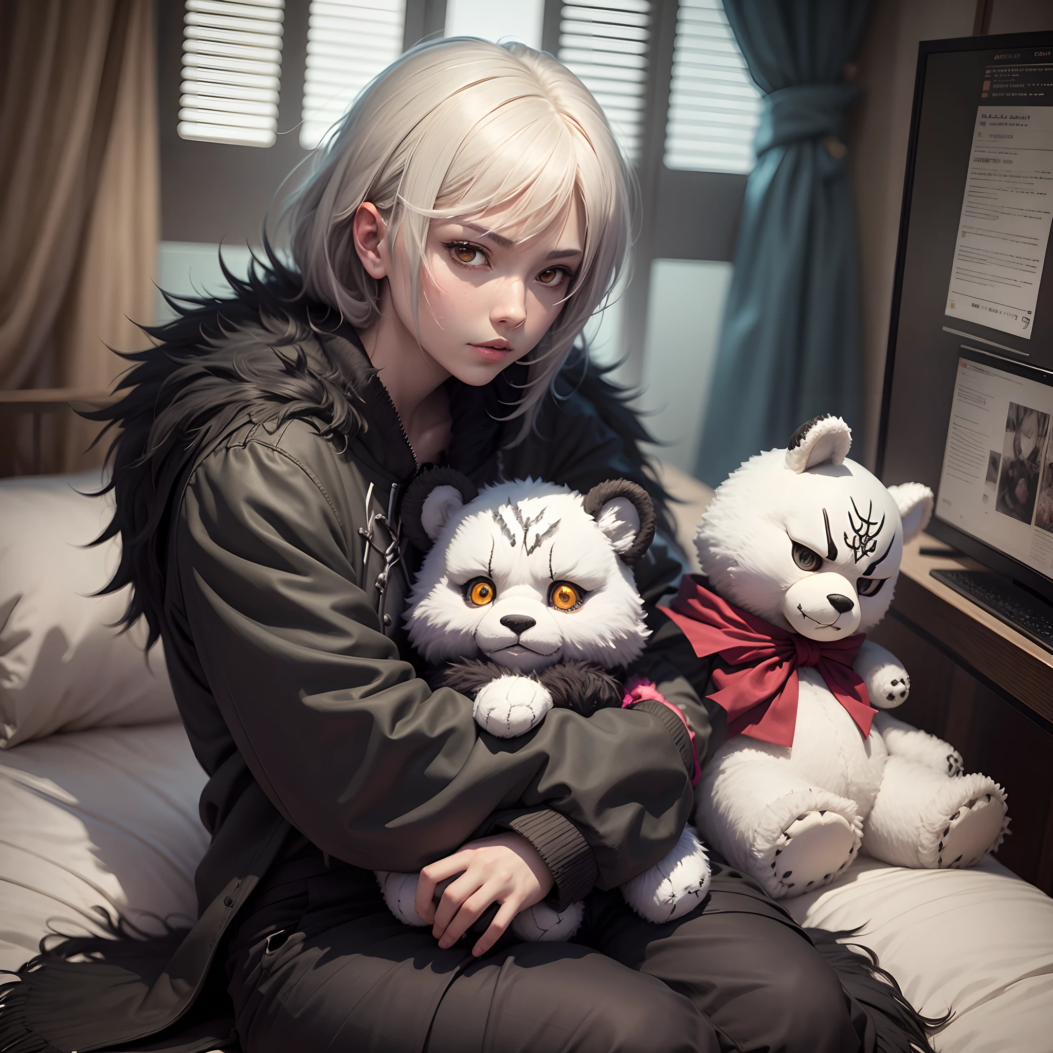 Death Note, beautiful Misa hugging a teddy bear, Ryuk shinigami sitting in the back, anime style