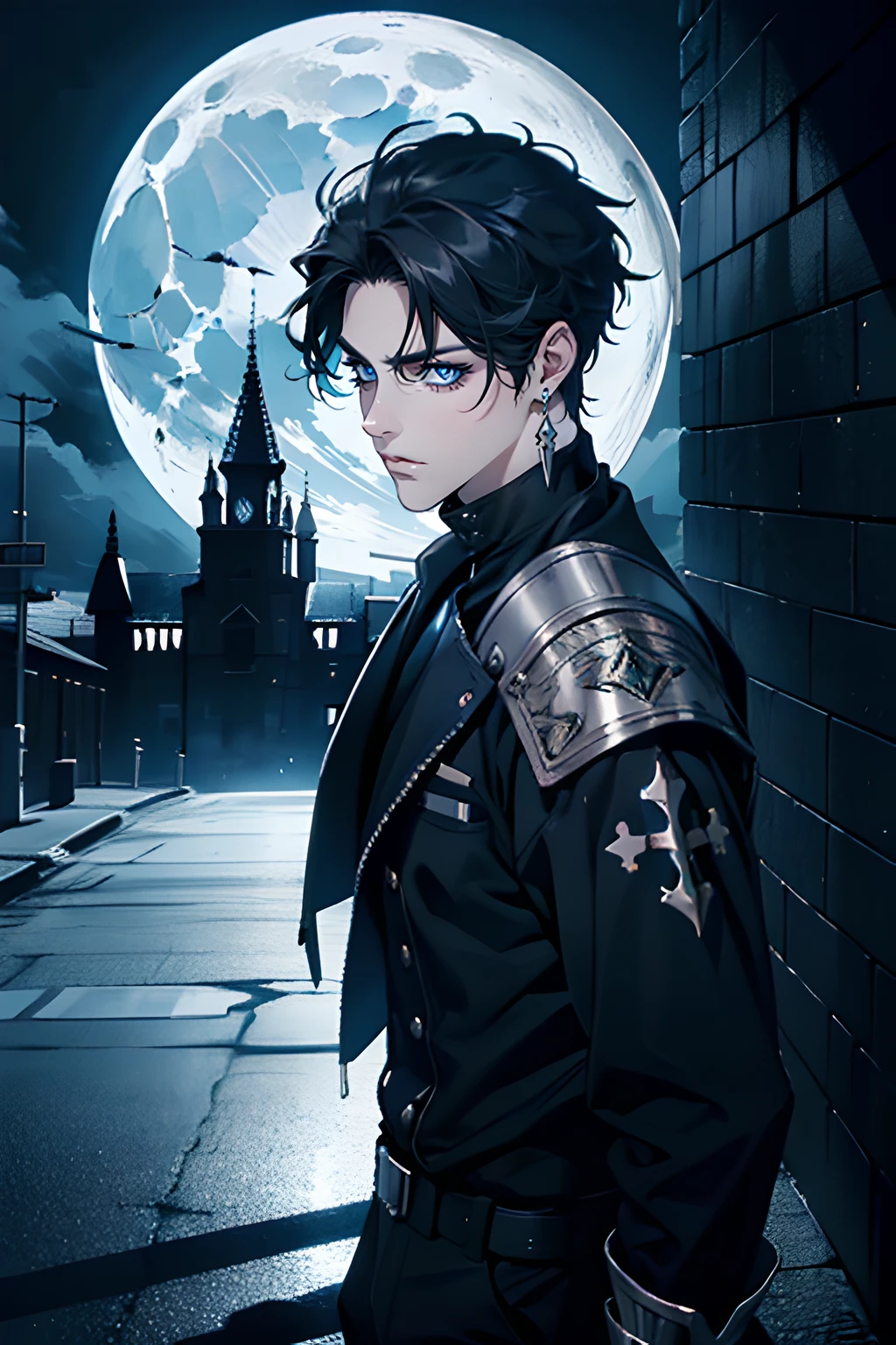 1 male, adult, mature, handsome, tall soft muscular guy, broad shoulder, detailed eyes, detailed face, black fantasy clothes, (wirst black gloves), night, no smile, short black hair (one side bangs), blue eyes, moon, gothic background, silver details, cross earrings, gothic, dark, vampire, blood, black pants, black simple clothes, looking at viewer, pale skin, cinematic lighting, detailed light, detailed shadow, cinematic lighting, detailed light, detailed shadow, building, light, dutch angle, cowboy shot,
