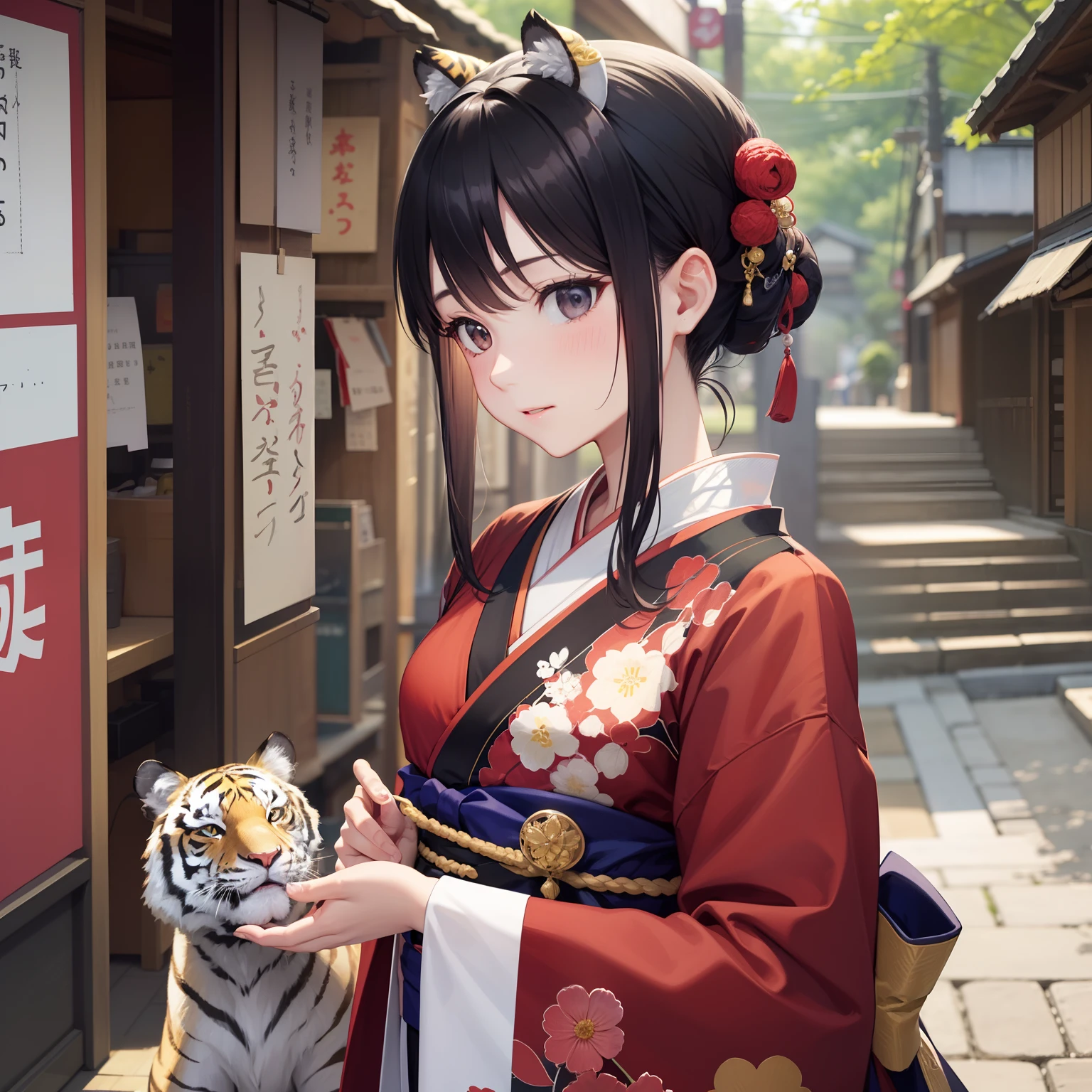 Please make Japan Taisho era girls the main、The quality is the highest and the most detailed、In an anime style、Seriousness 100%、Technical Capabilities 100%serve、Cute, Delicate, graceful and elegant、Tiger and White Tiger