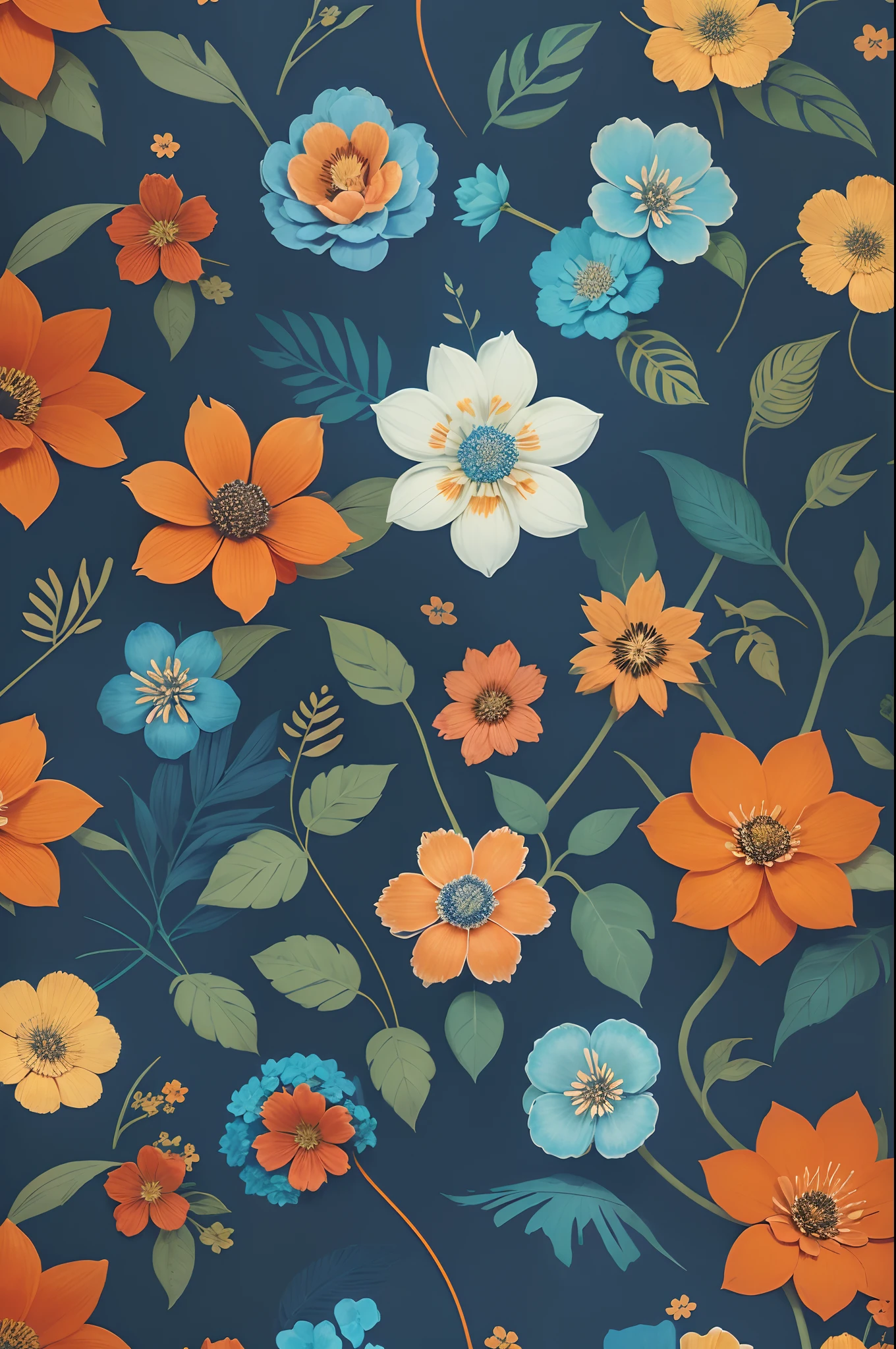 a blue and orange floral pattern with helloween , floral pattern, forest with flowers blue, indigo blooming flowers garden, floral wallpaper, floral motives, floral explosion, dark wizard hat pattern wallpaper, plants allover, in the jungle. bloom, kitty cat and orange and teal, floral environment, ornate floral, floral patterned skin, floral growth, wallpaper 4K