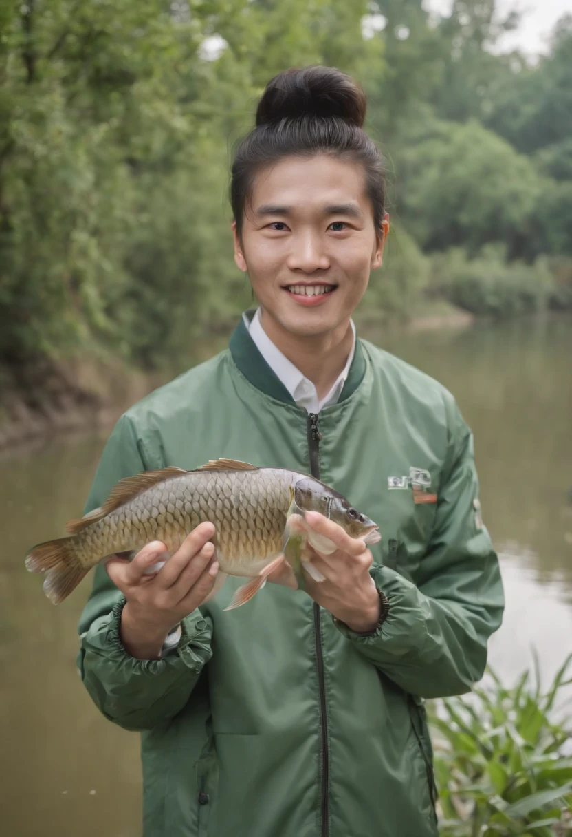 Big-eyed Chinese man in a green jacket holding a fish,His shape is simple,The hair is a bit messy,The figure is relatively strong,Hehehe,Proudly holding a large freshwater crucian carp, Holding a large freshwater crucian carp in his hand,Confidently showing his white teeth and smiling to the camera,The background is next to a fish pond in the Chaoshan region of China