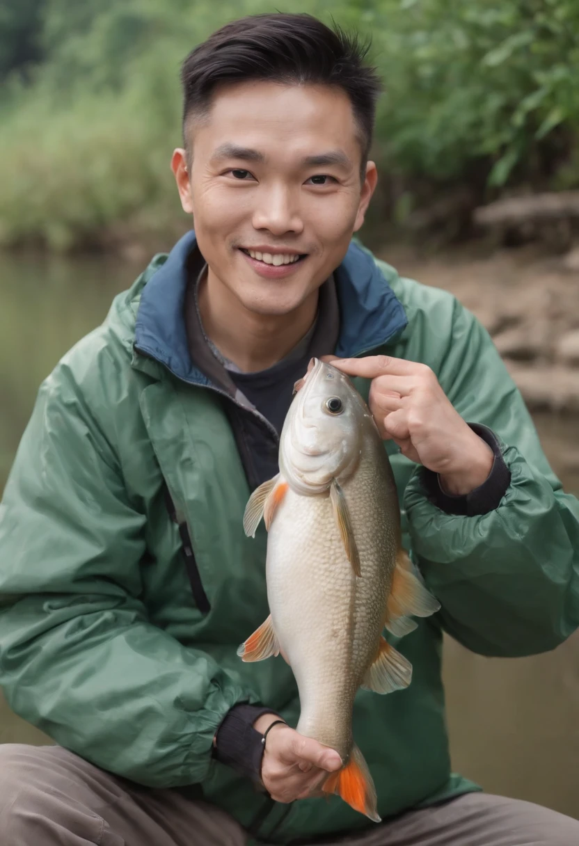 Big-eyed Chinese man in a green jacket holding a fish,His shape is simple,The hair is a bit messy,The figure is relatively strong,Hehehe,Proudly holding a large freshwater crucian carp, Holding a large freshwater crucian carp in his hand,Confidently showing his white teeth and smiling to the camera,The background is next to a fish pond in the Chaoshan region of China