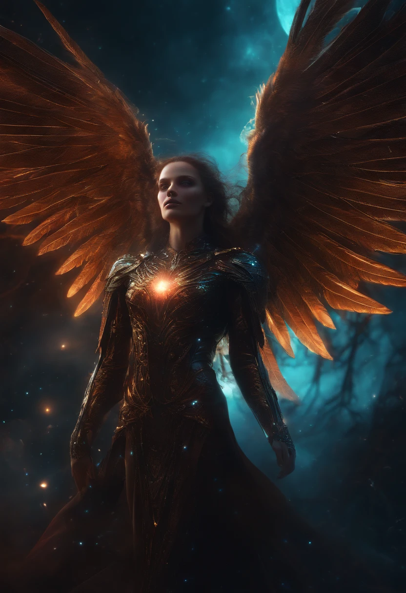 Cosmic Fallen Angel, glowing light eyes, Biomechanical, eerie, Creepy, nightmarish, Very bright colors, Light particles, with light glowing, Mshiv, wallpaper art, UHD wallpaper