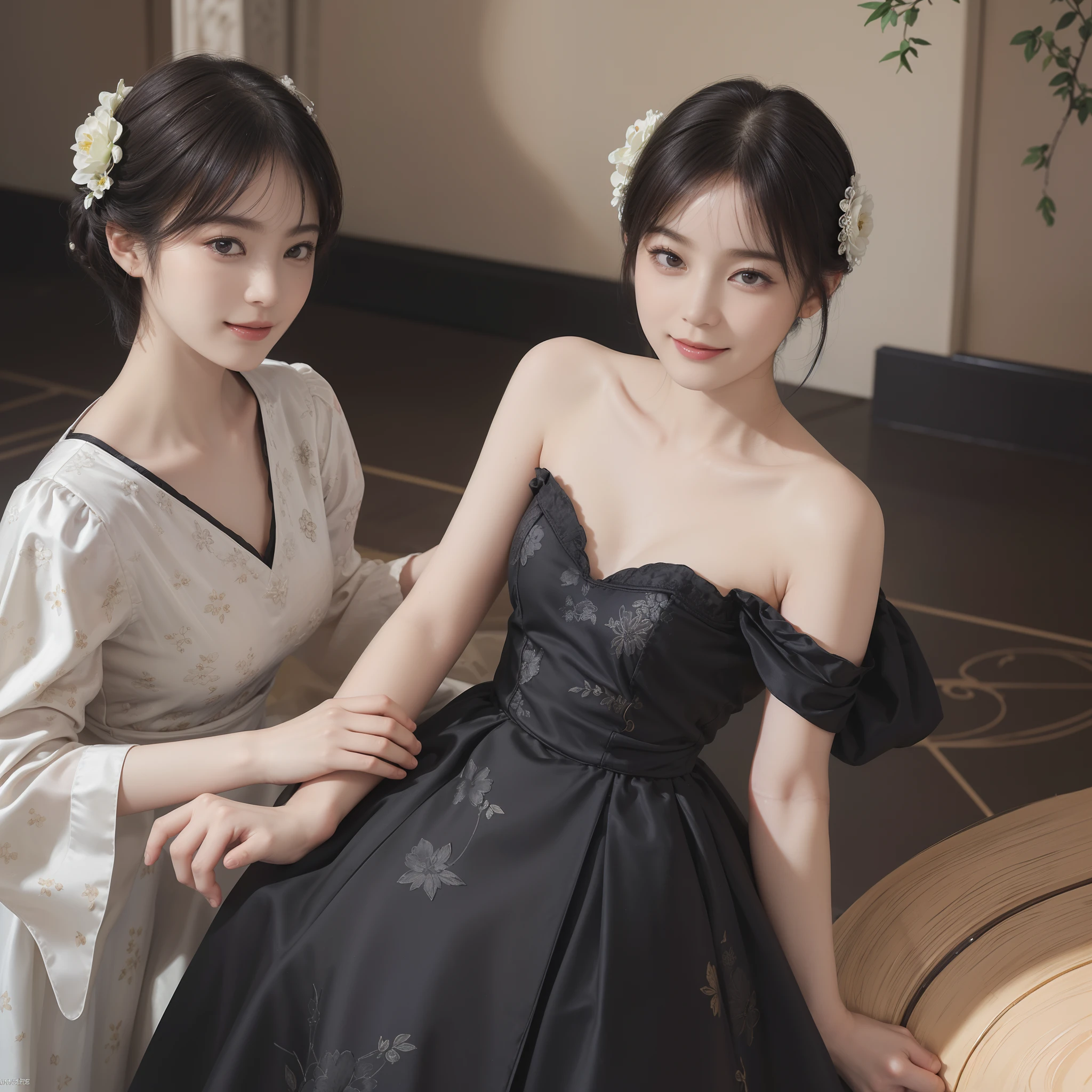 ((Best Quality))), (8K picture quality), ((Masterpiece)), (Very sophisticated、Beautiful fece), (wearing dresses) , (1womanl), (black-short-hair), Dress up, with floral pattern, Soft silk fabric, 电影灯光, Gentle facial expressions, (A slight smil:1.3), ((lightand shade contrast)), Luxurious interior windowsill, ((breast))