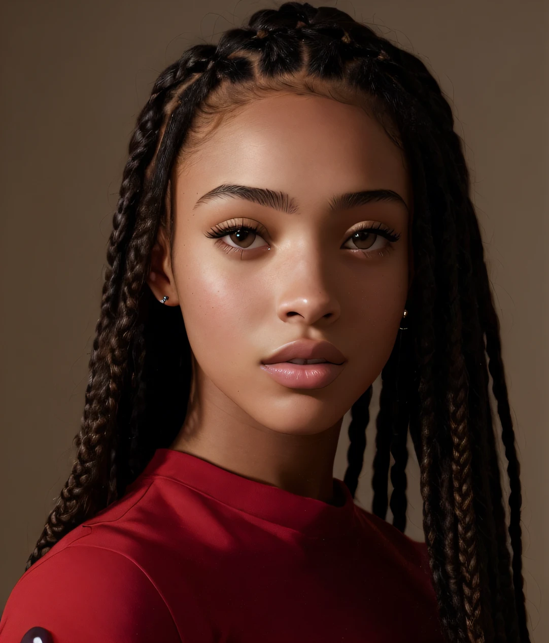 Close-up of a long-haired woman wearing a red shirt, woman with braided brown hair, cheveux noirs en tresses, Box braids, Fille avec tresses, Jeune femme noire, Portrait Sophie Mudd, with textured hair and skin, Portrait moyen en gros plan, detailed flawless face, Jeune femme noire, Portrait Willow Smith, dark-skinned, peau brune