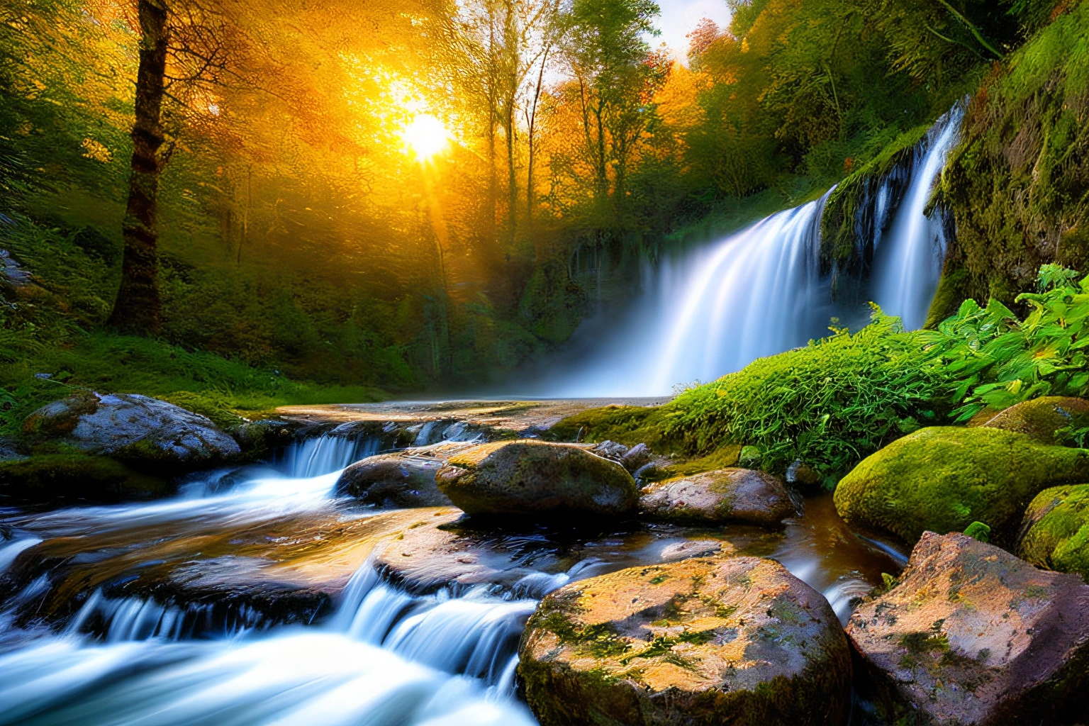 rocher, Very realistic waterfall, coucher du soleil, fleurs