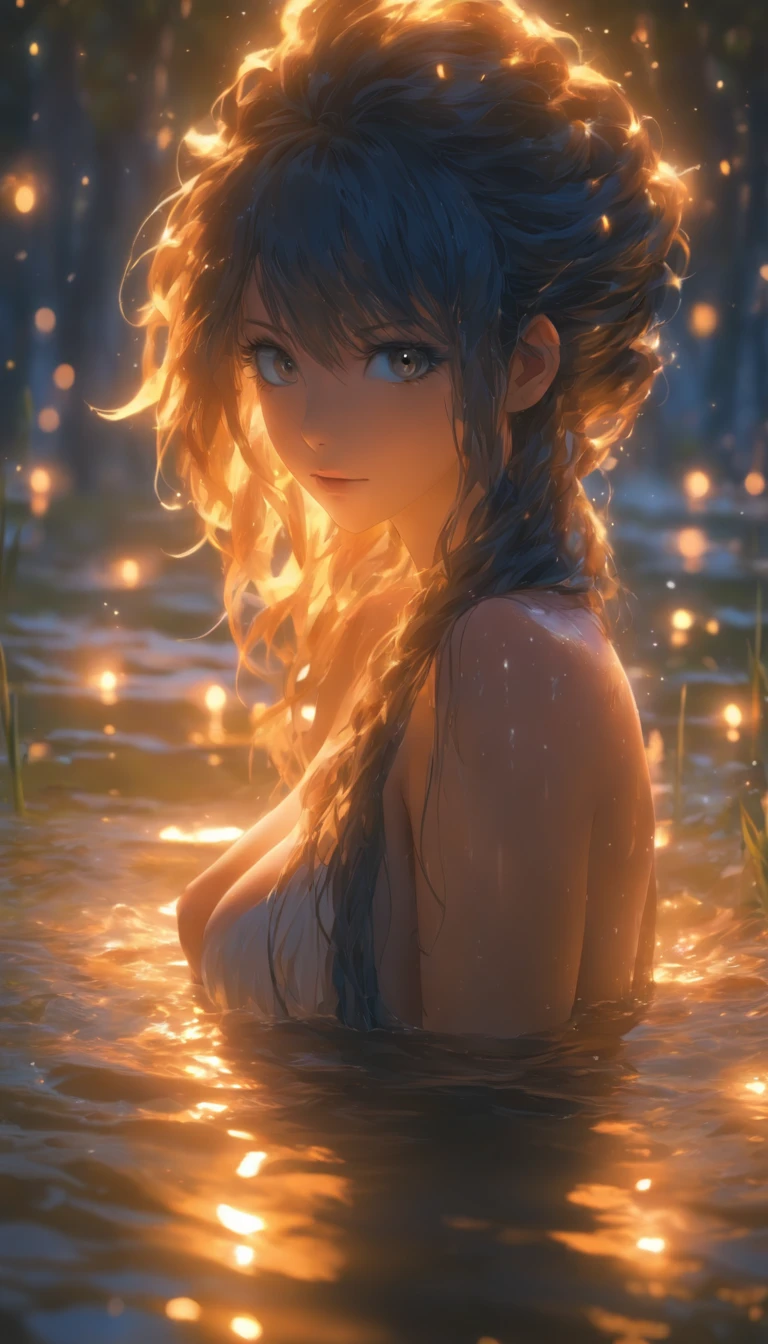 Beautiful woman bathing in the lake,Out of the bath,(Expose your waist:1.4),((Cover your chest and with your hands)),Eau,drippy,Ripples,Long wet black hair, extremely sexy body, Delicate and plump breasts, Back shadow,Beautiful outdoor background, night moon, forest,The hair is meticulously depicted,The eyes are meticulously depicted, highly detailed surreal vfx,oc rendered,dynamic viewing angle