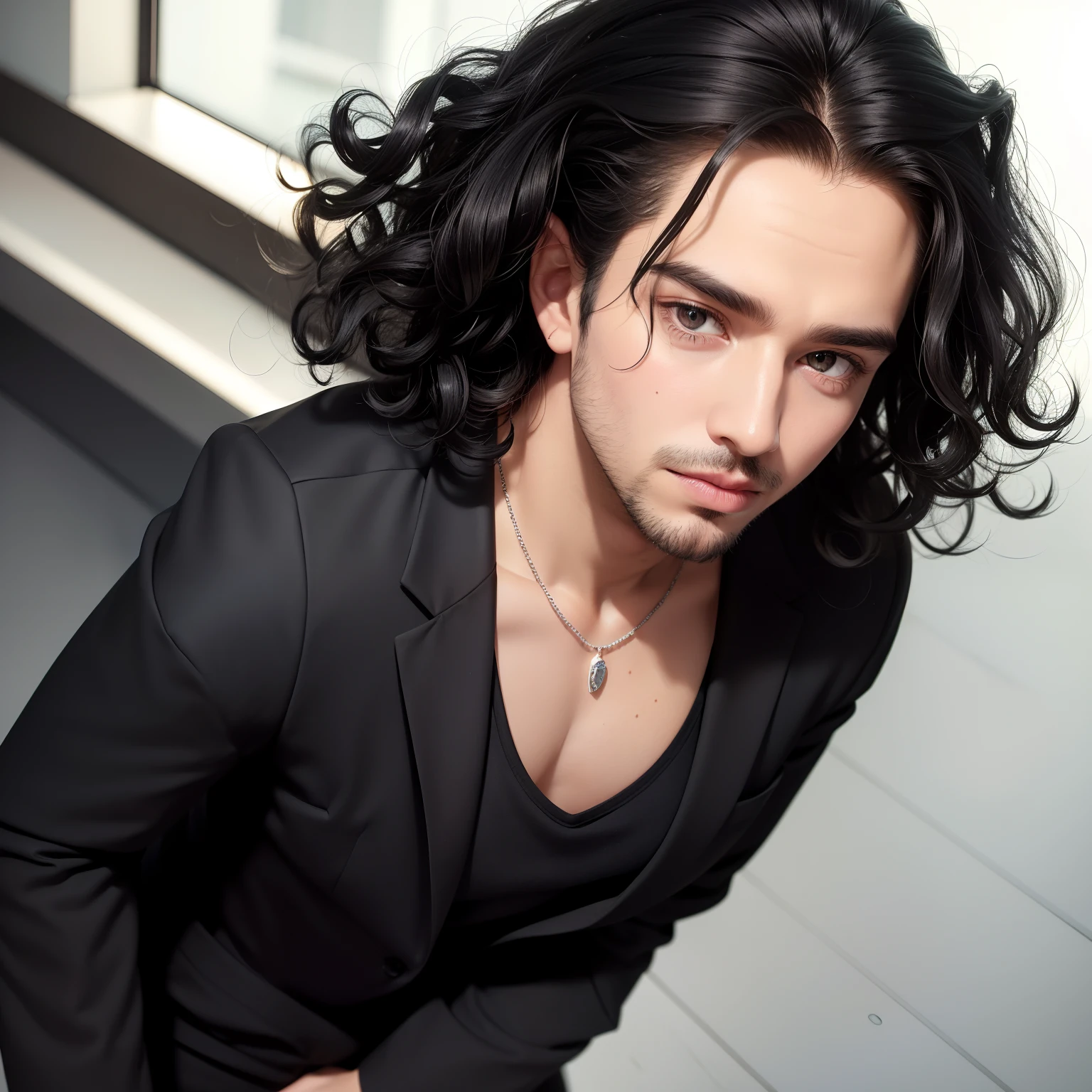 One Man, Black suit jacket, Black pants, Black hair, Men's Long Perm, Curly hair, Gray eyes, monochromes, Allback, Forehead, Ears, Thick eyebrows, Big lips, big eye, Stubble on the mouth and beard, a necklace, white tank tops, gazing into distance, Lowered eyebrows,Sleepy eyes、-face