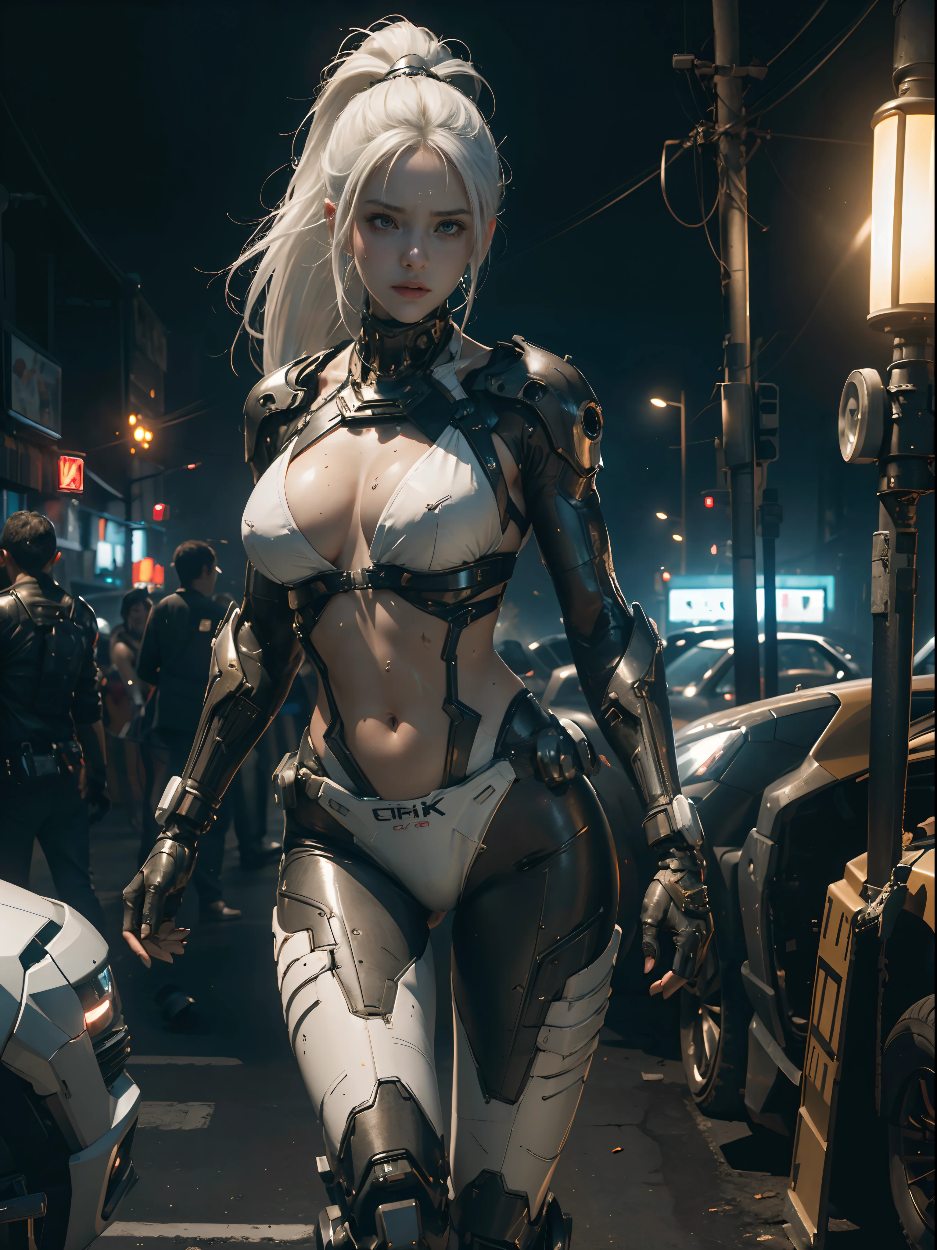 (8K, best quality, high-resolution:1.35),(Raw photo:1.2), (Photorealsitic:1.37), (masterpiece: 1.25), (Sweatiness:1.2), Dramatic Lighting, photon mapping, radiosity, ((1 girl)), Full body, large breast, ((white hair)), ponytail, Exposed cleavage, ((showing stomach)), beautiful detailed girl, extremely detailed eyes and face, light makeup, clear facial features, (realistic bikini), girl in lingerie exosuit, exoskeleton, cyberware, cyberpunk, futuristic, night city, post apocalyptic city, ((night), lifelike, badass girl, attractive girl