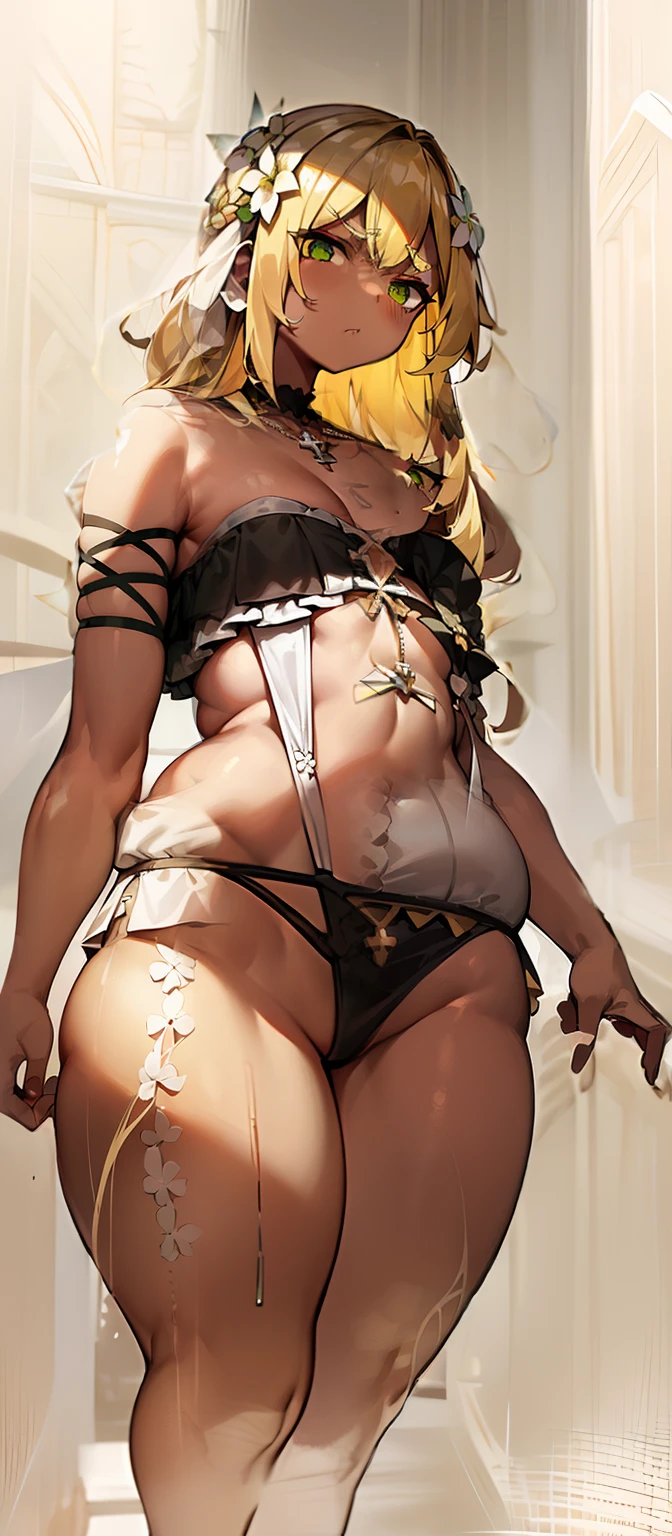 white summer dress, cleavage, cross necklace, hair flower, wavy shoulder length yellow hair, thick black eyebrows, angry, green eyes, dark skin, green eyes, small breasts, flat chest, thick thighs, short, broad hips, chubby, muscular arms, girl, short, short torso