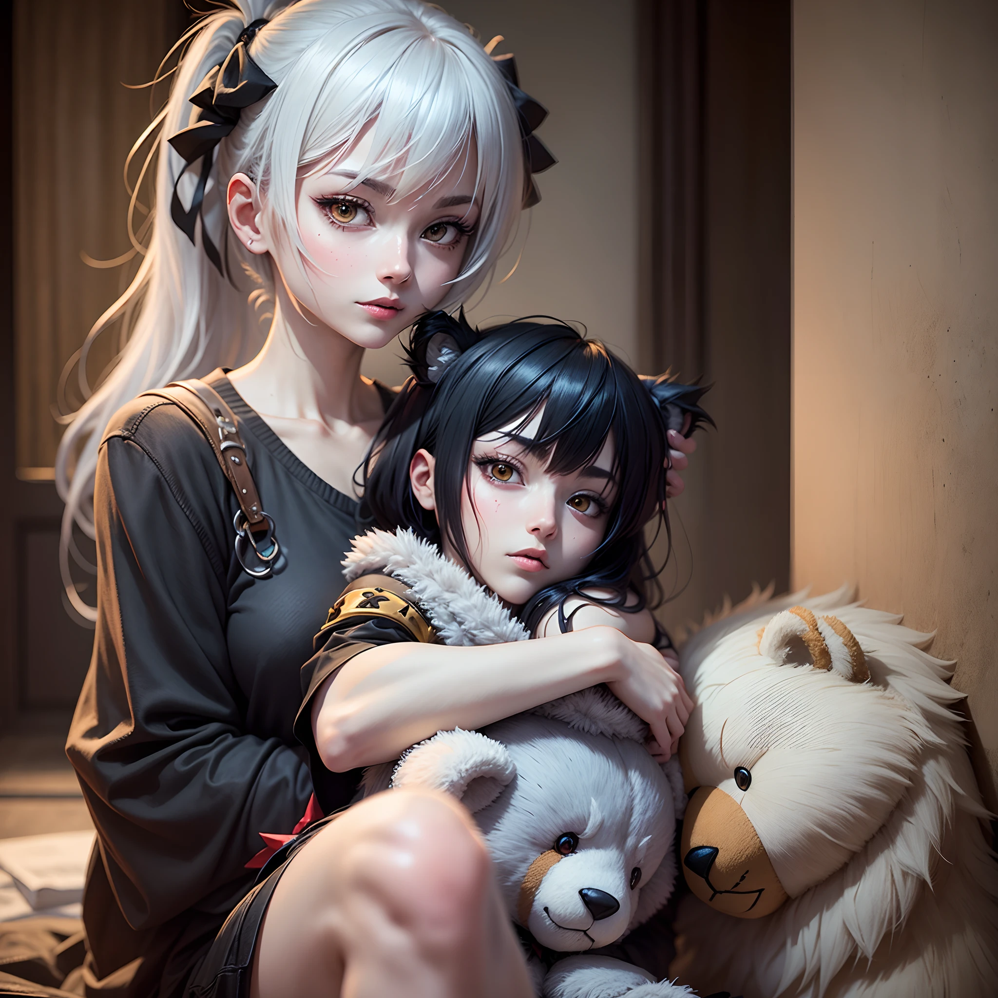 Death Note, beautiful Misa hugging a teddy bear, Ryuk shinigami sitting in the back, anime style