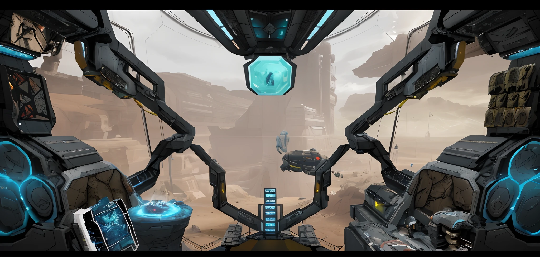 There's a view of a Sci-Fi spaceship from the inside, Arte conceitual do jogo FPS, Future science fiction. Jogo CG, gameplay screenshot with ui, Conceito de jogo FPS, sci-fi space game art, captura de tela em primeira pessoa, Captura de tela de jogabilidade interior, arte do jogo ultra detalhada, Captura de tela do videogame>, jogabilidade ainda, arte detalhada do jogo, vista em primeira pessoa