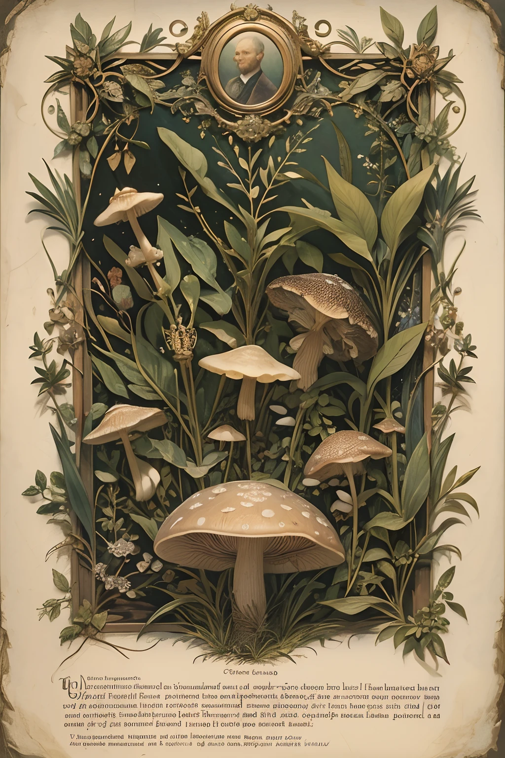 Vintage Victorian style　Precise botanical encyclopedia (best quality:1.2), (detailed:1.2), (masterpiece:1.2), vintage botanical illustrations of mushrooms, impossible magical weird