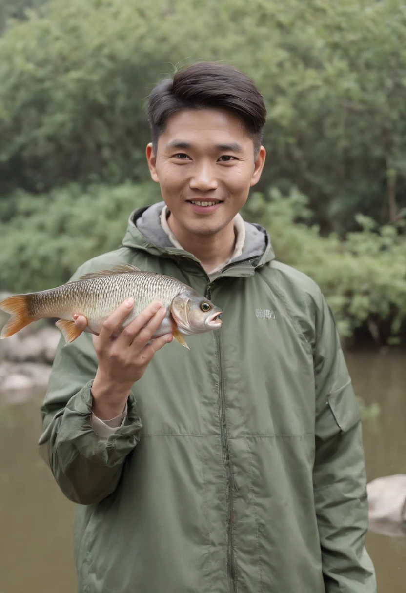 Big-eyed Chinese man in green jacket holding a fish,His shape is simple，The hair is a bit messy，The figure is relatively strong，Hehehe，Proudly holding a large freshwater crucian carp, Holding a large freshwater crucian carp in his hand，Confidently showing his white teeth and smiling to the camera，The background is next to a fish pond in the Chaoshan region of China
