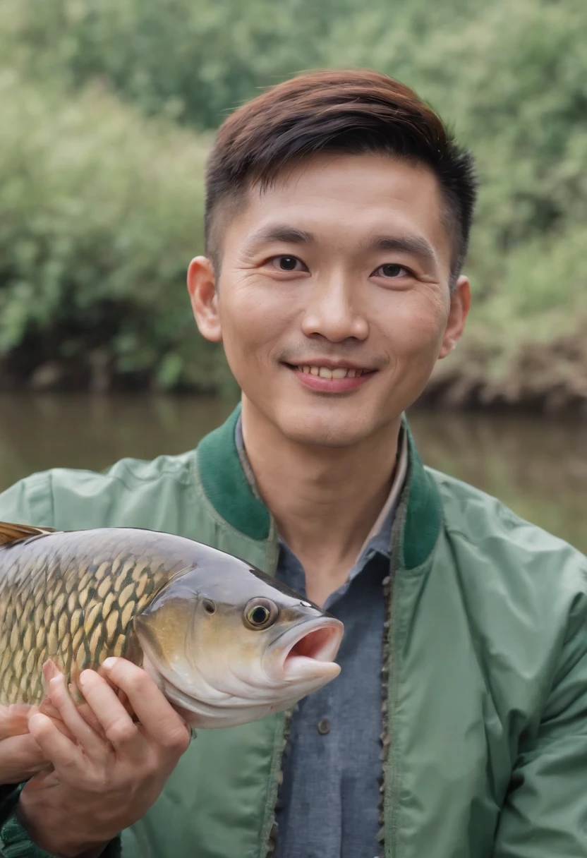 Big-eyed Chinese man in green jacket holding a fish,His shape is simple,The hair is a bit messy,The figure is relatively strong,Hehehe,Proudly holding a large freshwater crucian carp, Holding a large freshwater crucian carp in his hand,Confidently showing his white teeth and smiling to the camera,The background is next to a fish pond in the Chaoshan region of China