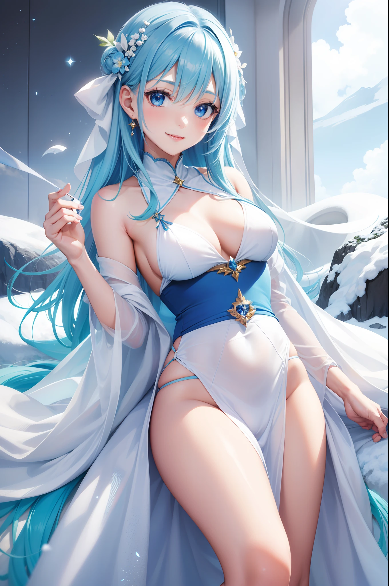 hposing Gravure Idol a beauty girl A charming smile sky blue hair length hair Bright white and blue outfit Mystical fantasy
World of ice and snow
The power of light and magic