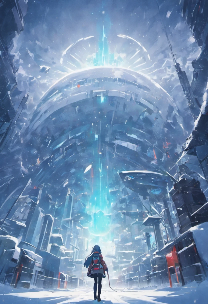 , snowy landscape, Futuristic details, Cinematic style, Digital art, illusory engine, Highly mothership spacecraft flying