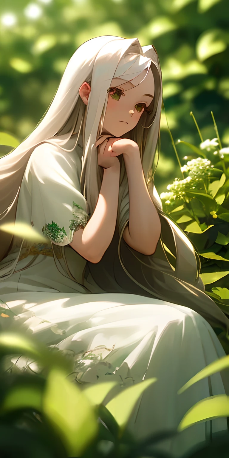 (masterpiece, best quality),1girl with long white hair sitting in a field of green plants and flowers, her hand under her chin, warm lighting, white dress, blurry foreground