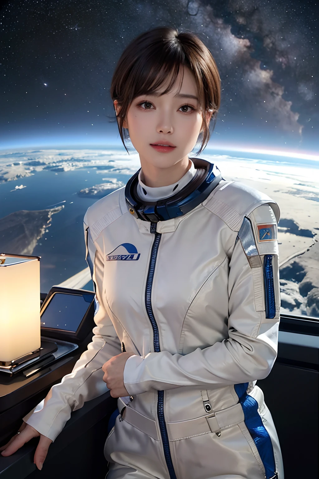 top-quality、masterpiece、超A high resolution、(realisitic:1.4)、Beautuful Women1、Beautiful detail eyes and skin、ssmile、Light brown short-cut hair、The perfect spacesuit、spaceships、cockpit、Earth seen from space、