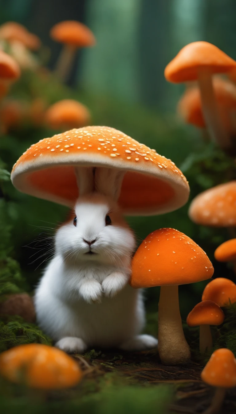 adorable creature,Similar to a mixture of rabbit and carrot, Adorable, Cute, Furry, Fluffy, forest, Mushrooms, Wear a mushroom hat