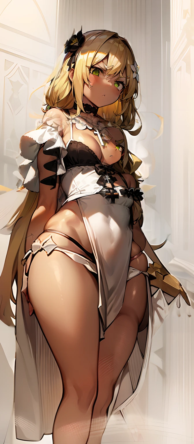 white summer dress, cleavage, cross necklace, hair flower, wavy shoulder length yellow hair, thick black eyebrows, angry, green eyes, dark skin, green eyes, small breasts, flat chest, thick thighs, short, broad hips, chubby, muscular arms, girl, short, short torso