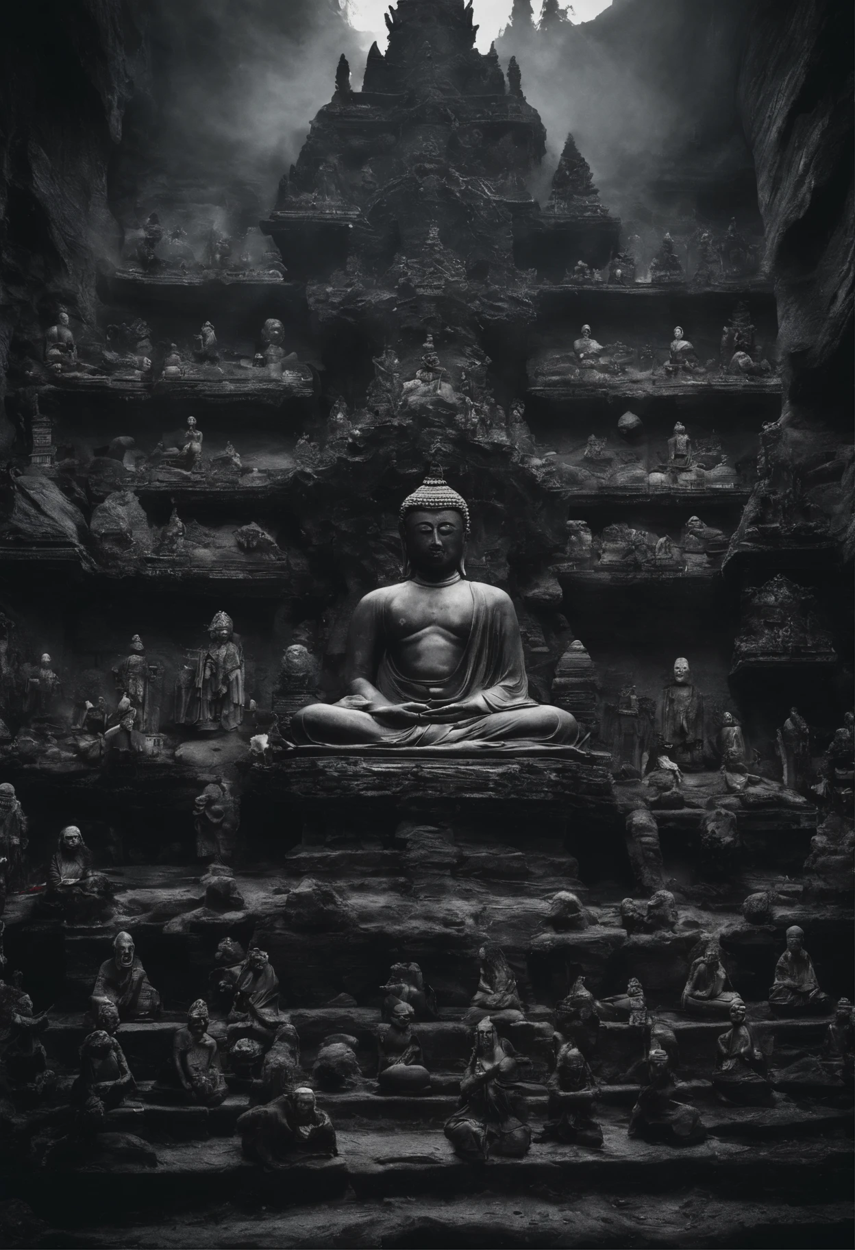 Buddha statues surrounded by other statues in a dark cave, a Buddhist Buddha, Buddhist, Buddha, samsara, Buddhism, black lotus, 4K Art, the god emperor of mankind, bodhisattva, black rock statue material, 4k artwork, nirvana, god of the underworld, author:Shen Zhou, puṣkaracūḍa,The road is covered with the dead bodies of pilgrims