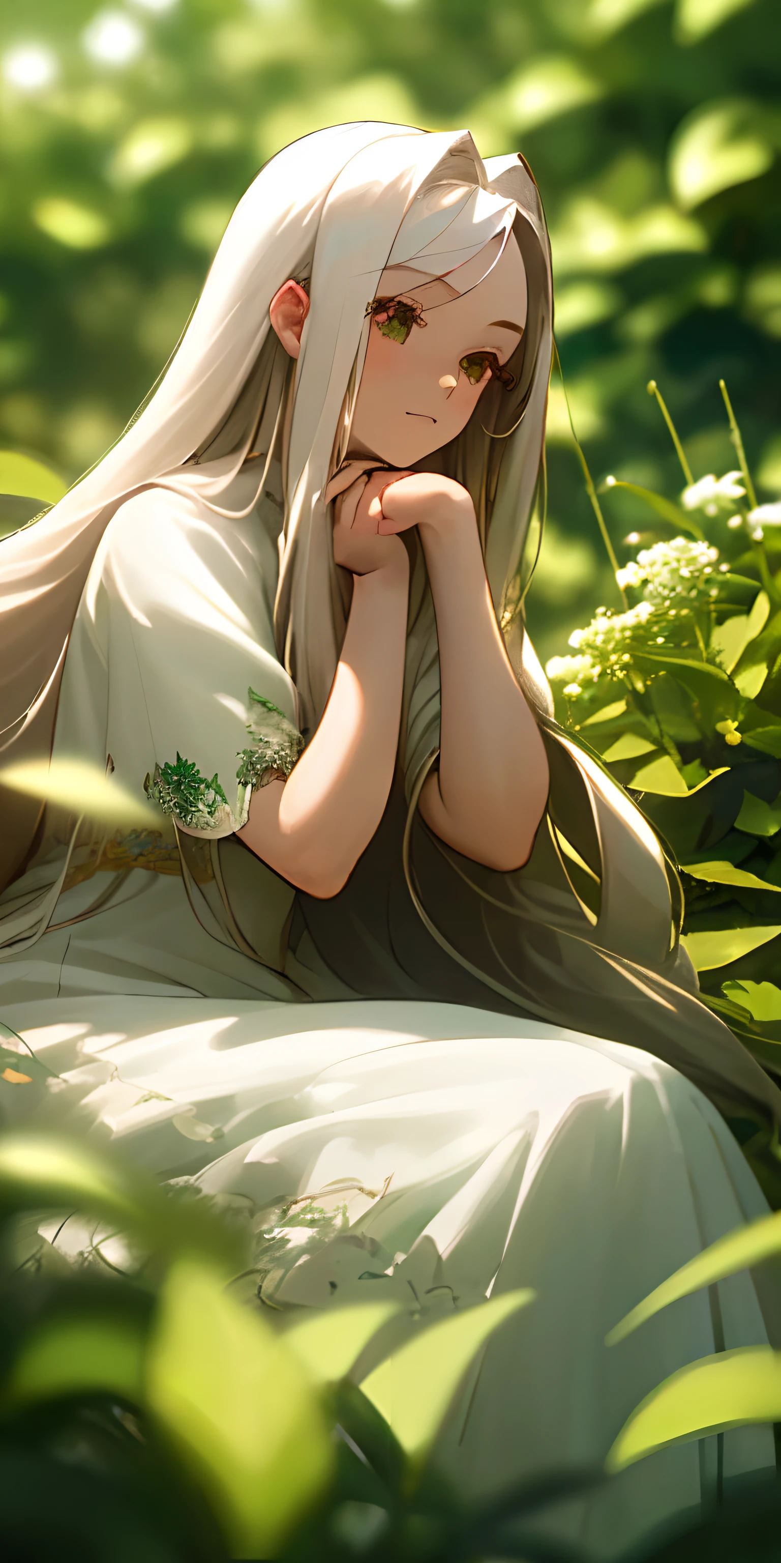 (masterpiece, best quality),1girl with long white hair sitting in a field of green plants and flowers, her hand under her chin, warm lighting, white dress, blurry foreground