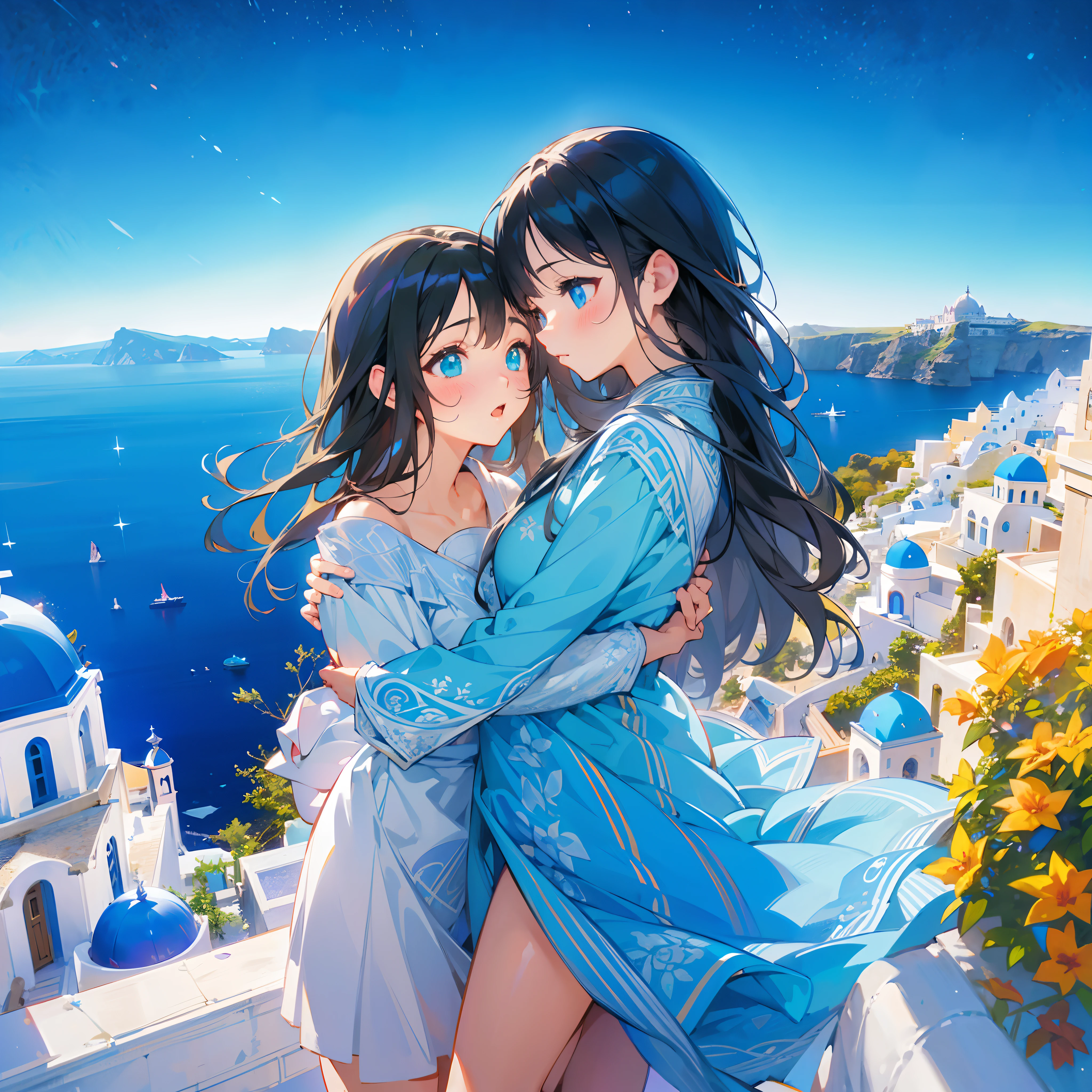 Japanimation, eroge, Incredibly hyper-detailed and intricately realistic, Perfect, Cover art, zoomout, hyper detailed painting, luminism, with an intricate, 4k resolution concept art portrait, extremely high level illustration, 16k, extremely high level illustration, absurd resolution, absurd detailed, soft and warm lighting, (((masterpiece))), best quality, extremely detailed, fantasy lighting, beautiful detailed glow, perspective, depth of field, proportion, blurry background, bokeh, sharp focus, depth and dimension, Santorini scene, Fantasy composition, Fantasy lighting, an extremely beautiful detailed Santorini, Beautiful, beautiful detail girls, (yuri:1.2), (lesbian:1.2), (2 girls:1.2), (kiss: 1.2), (hug: 1.2), full body character, Beautiful, Female, Long Black Hair, Azure eyes, Detailed face, White skin, The girl is putting her weight on one leg, lily, sky