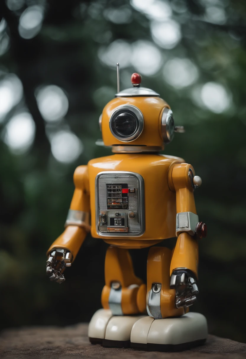 Create a well-used toy robot, Japanese, from the 1970s, Friendly, Sujo e danificado, alguma ferrugem, mossa, trabalhando, com um fundo branco, alto, piece of master, 8k, 4k, (fotorrealista), (fotorrealista:1.2), Bokeh