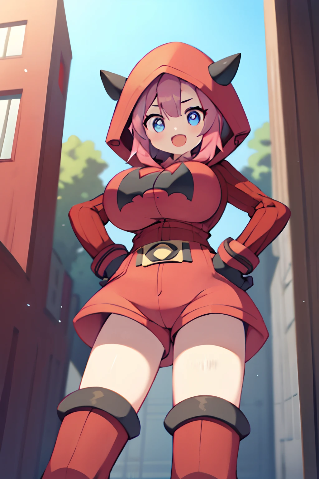 (1girl in:1.2), (Solo:1.2) 、nffsw、Shaders、Brilliant Textured Work、Ultra-detailed eyes、ultra-intricate pupil in eyes、top-quality、Full body standing picture、pkmntmg 、(fake horns, hoodie, red shorts, gloves, red boots)、hand on hip 、long hair, pink hair, sadistic smile、 from below, open mouth, huge breasts,