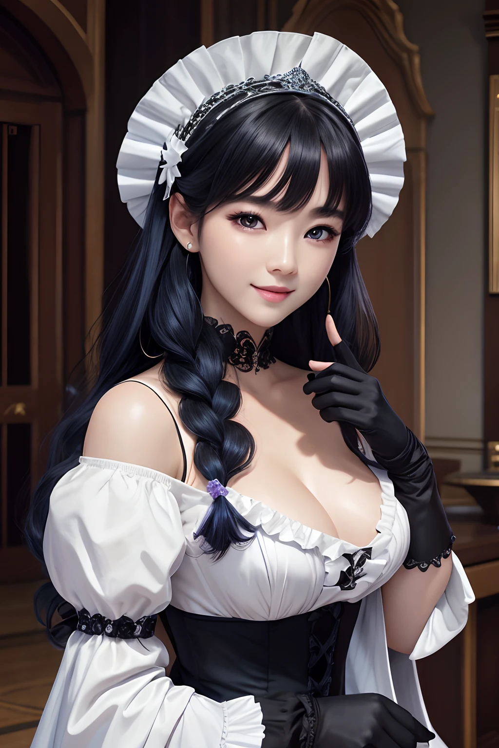 korean,realistic, masterpiece, final detail, photo realistic, intricate detail, octane rendering, 8K, 1Girl, full bodyperfect face, beautiful face, NSWF, trough reference, detail hair,, black bow, black gloves, black legs, blue eyes, blue hair, bow, collarbone, dress, drill hair, ruffles, ruffles, gloves, gwen, headdress, highres, long hair, parted lips, puffy sleeves, purple eyes, smile, solo, white dress, oil skin,