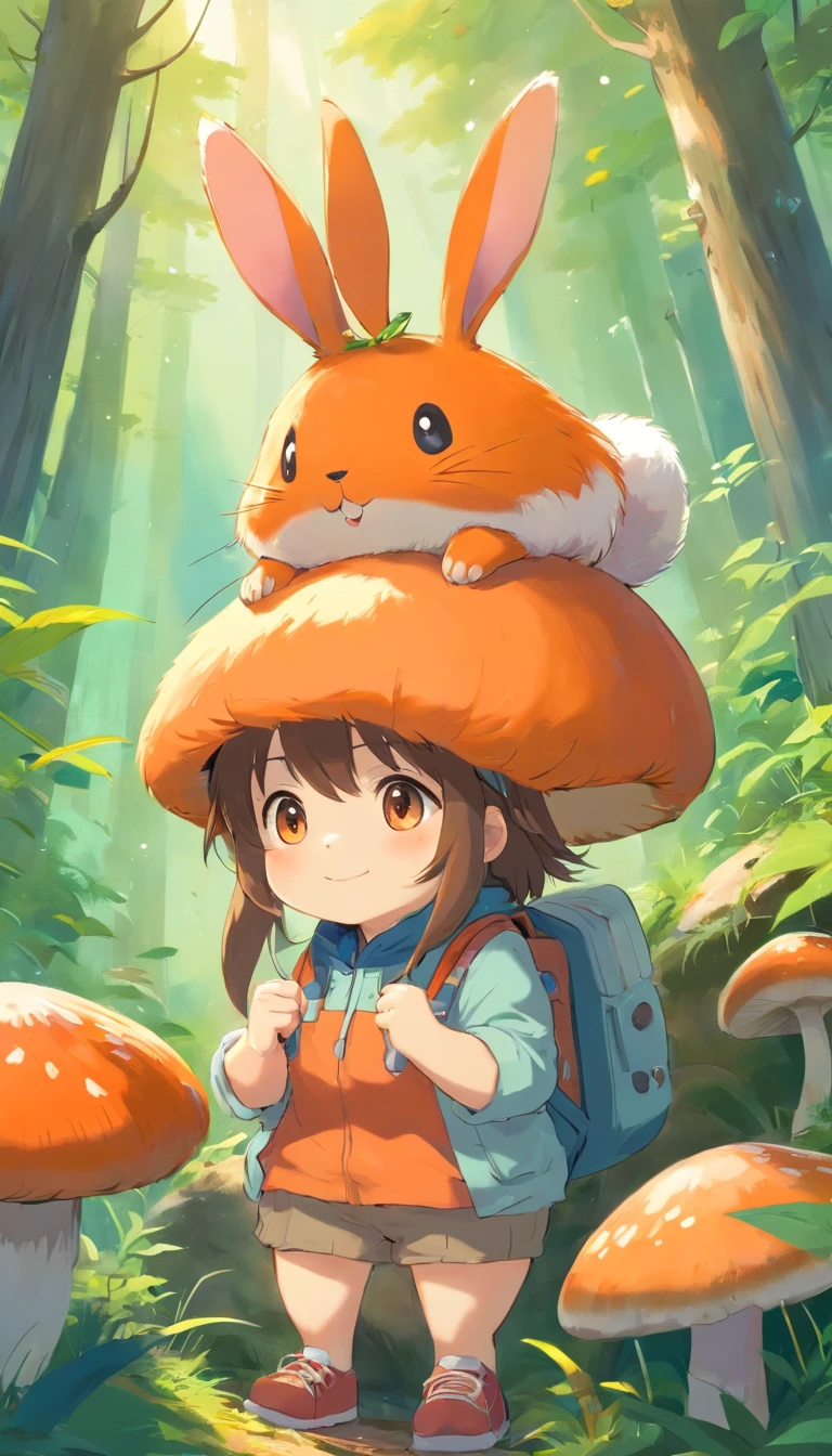 adorable creature,Similar to a mixture of rabbit and carrot, Adorable, Cute, Furry, Fluffy, forest, Mushrooms, Wear a mushroom hat